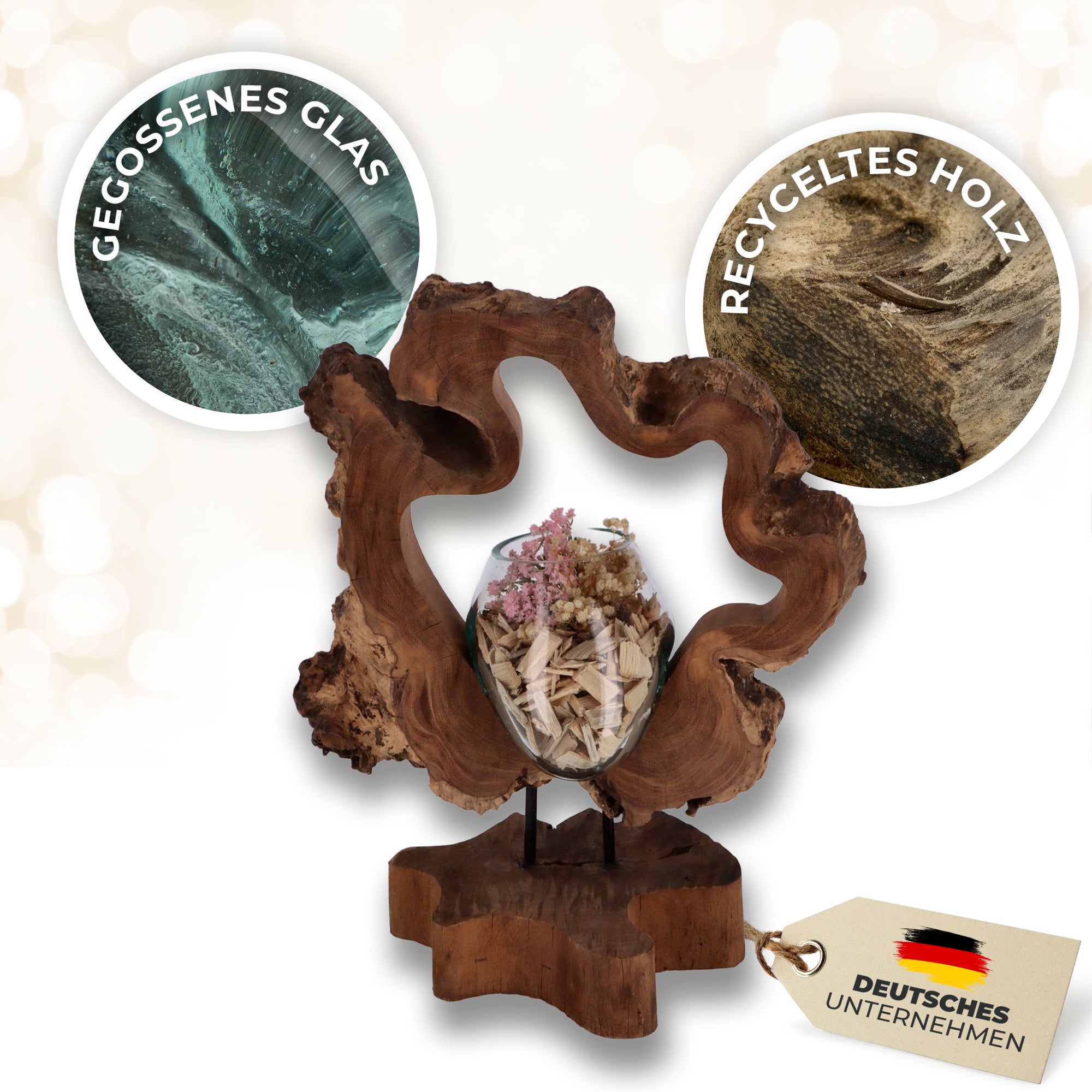 Handgefertigte Holzskulptur mit Glas – Nachhaltige Deko aus Wurzelholz | Modernes Wohnaccessoire