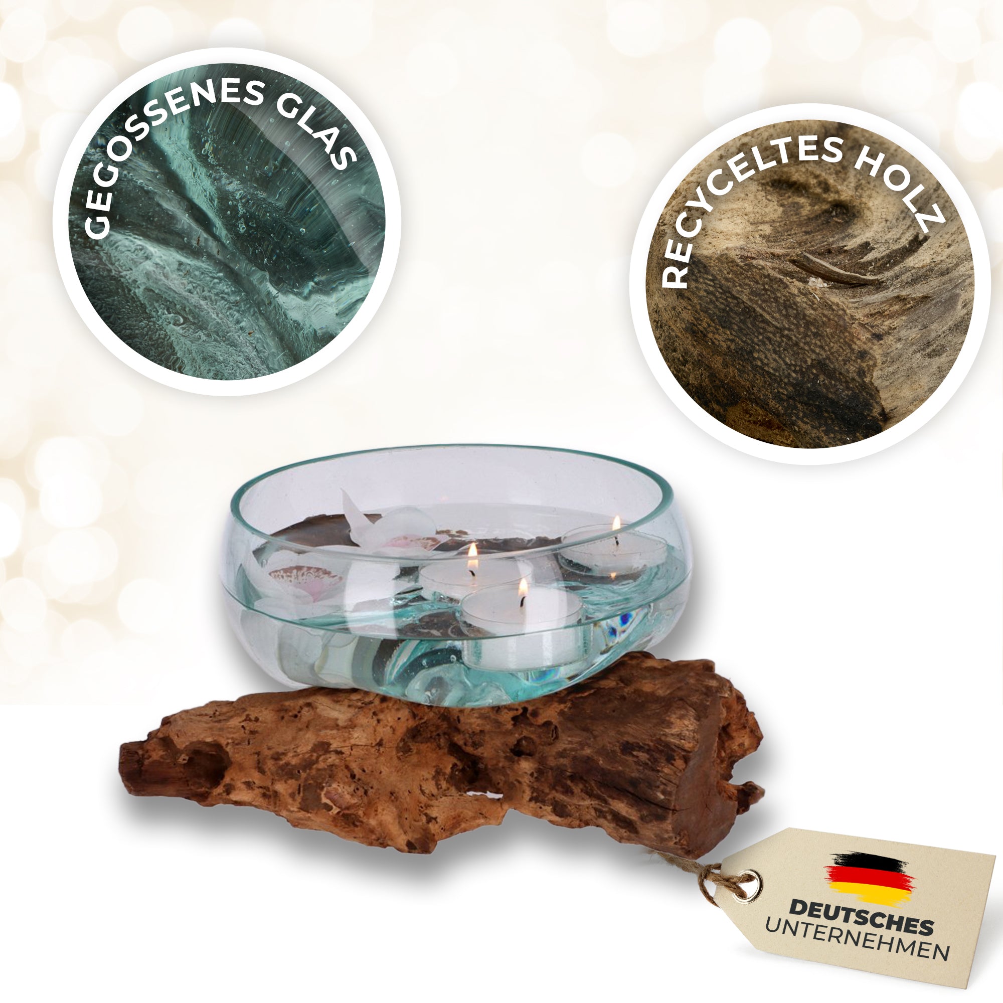 Flache Glas-Dekoschale auf Wurzelholz – Handgefertigtes Unikat aus recyceltem Glas und Naturmaterialien