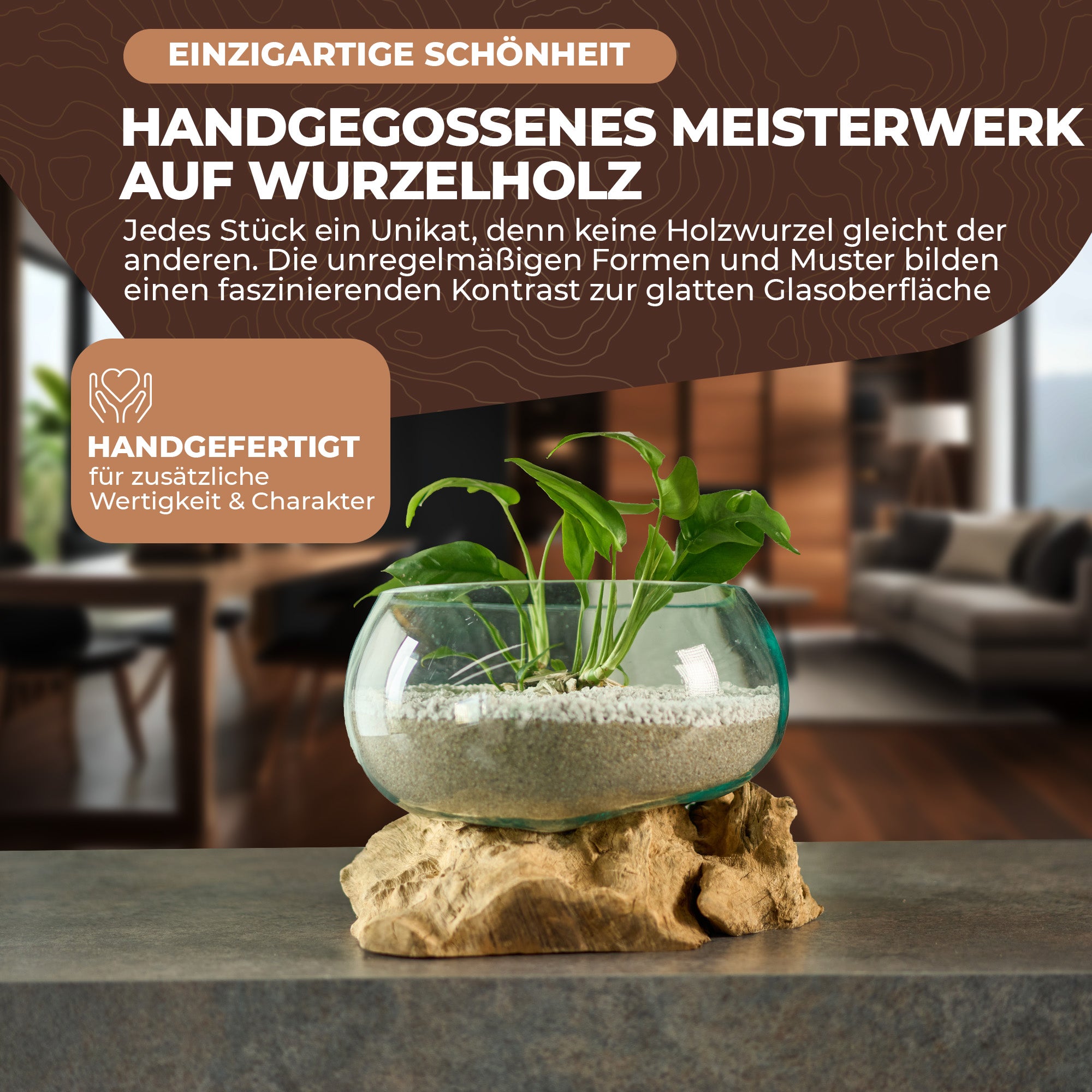 Große Glas-Dekoschale auf Wurzelholz – Handgefertigtes Unikat aus recyceltem Glas und Naturholz