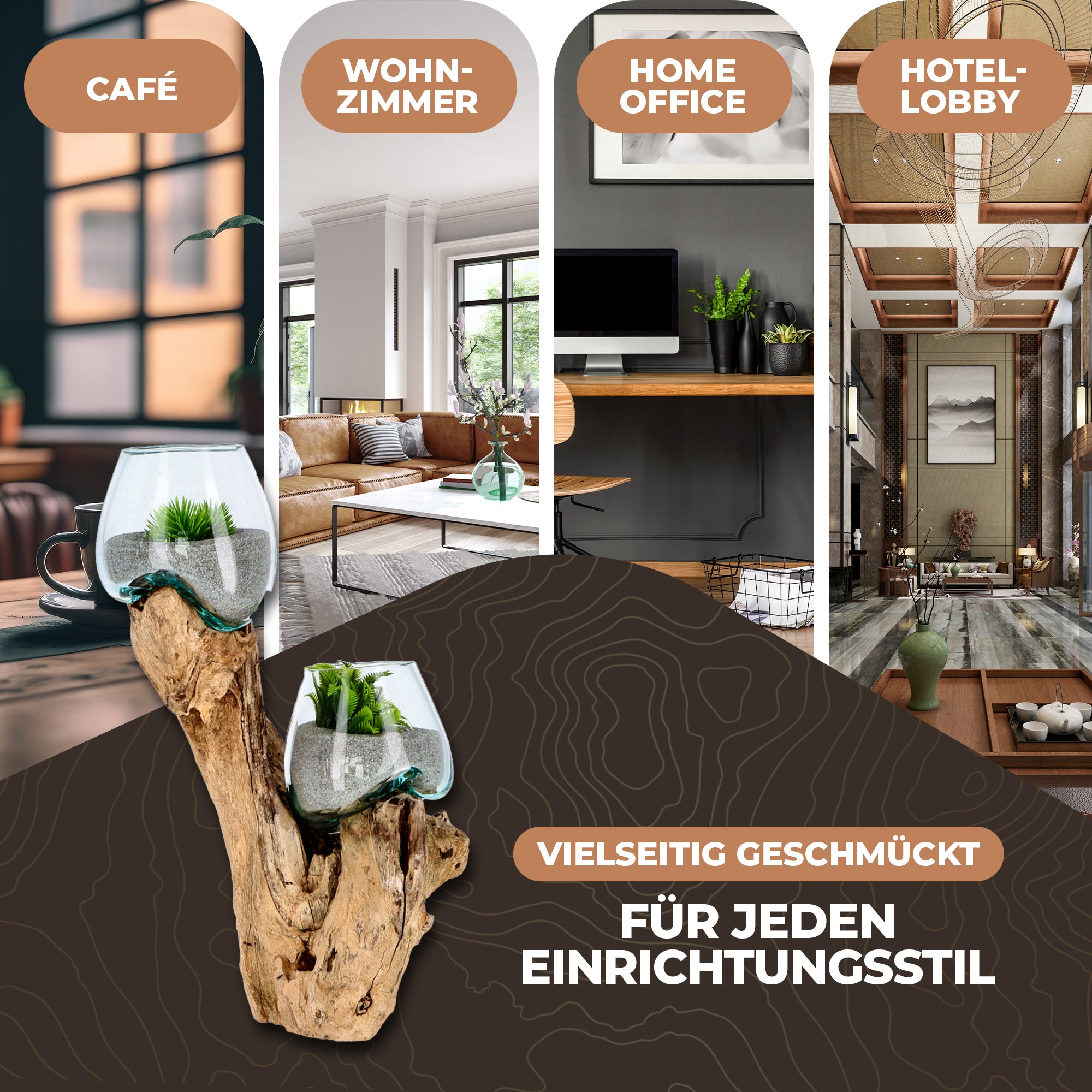 Handgefertigte Deko-Vase Glas auf Wurzelholz – Aufrechte Natur-Skulptur mit zwei Glaskugeln