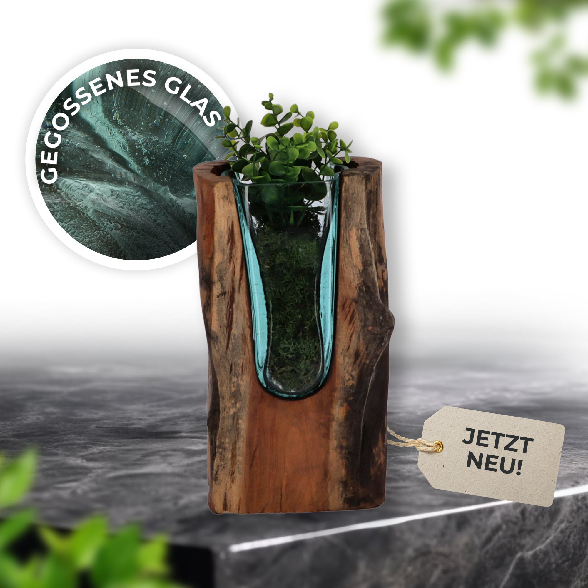 Designer-Vase aus Wurzelholz mit mundgeblasenem Glas – Handgefertigt und Nachhaltig U Vase (30cm)