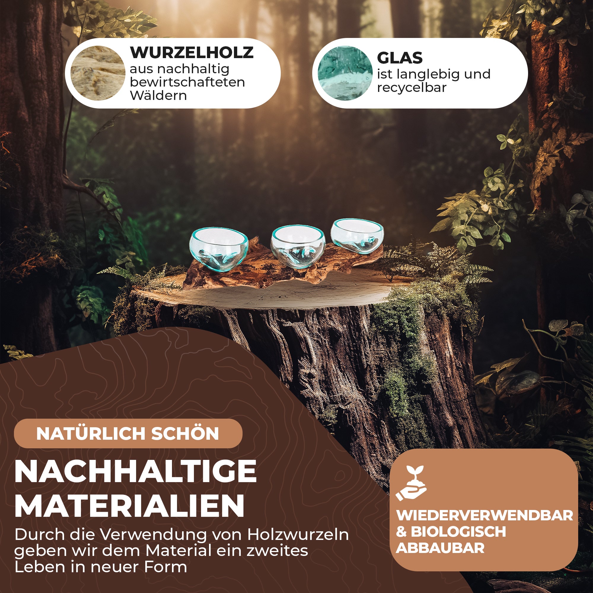 Teelichthalter aus Glas auf Wurzelholz – Handgefertigtes Unikat mit 3 Gläsern – Naturdeko & Tischlicht