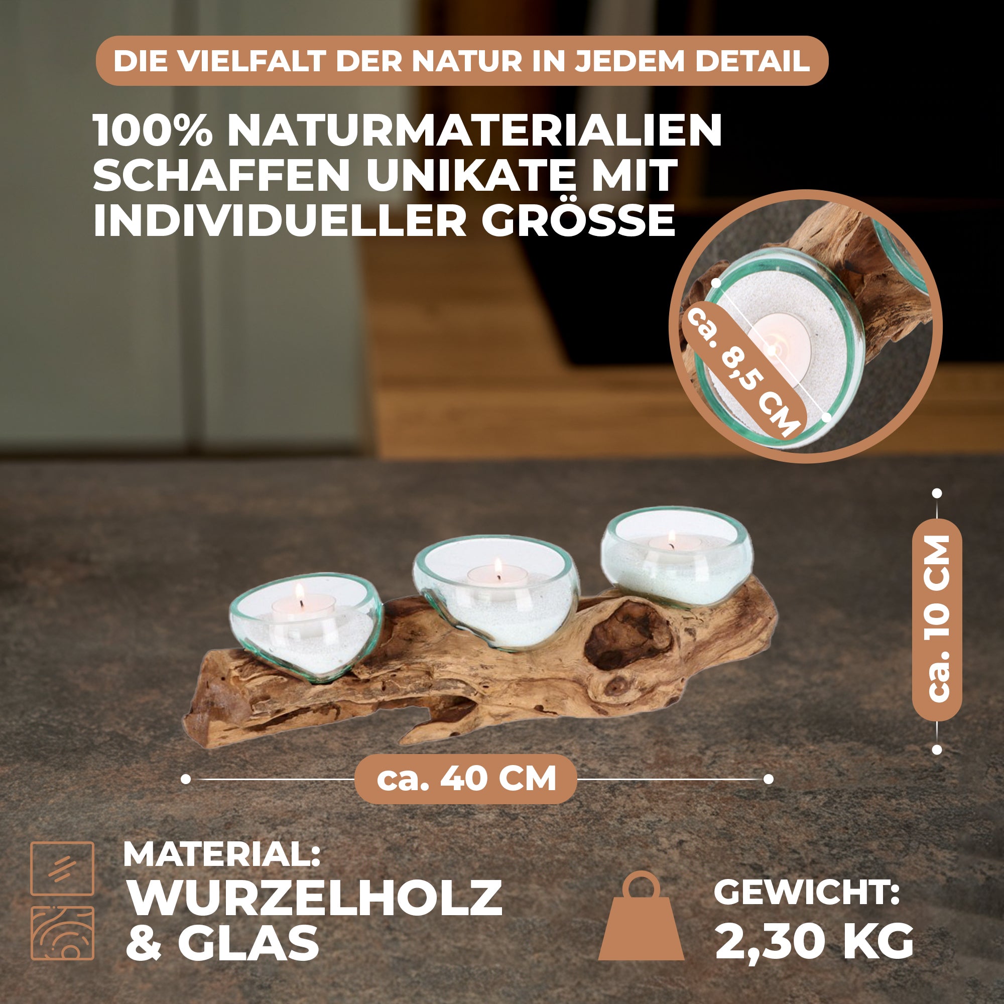 Teelichthalter aus Glas auf Wurzelholz – Handgefertigtes Unikat mit 3 Gläsern – Naturdeko & Tischlicht