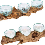 Teelichthalter aus Glas auf Wurzelholz – Handgefertigtes Unikat mit 3 Gläsern – Naturdeko & Tischlicht