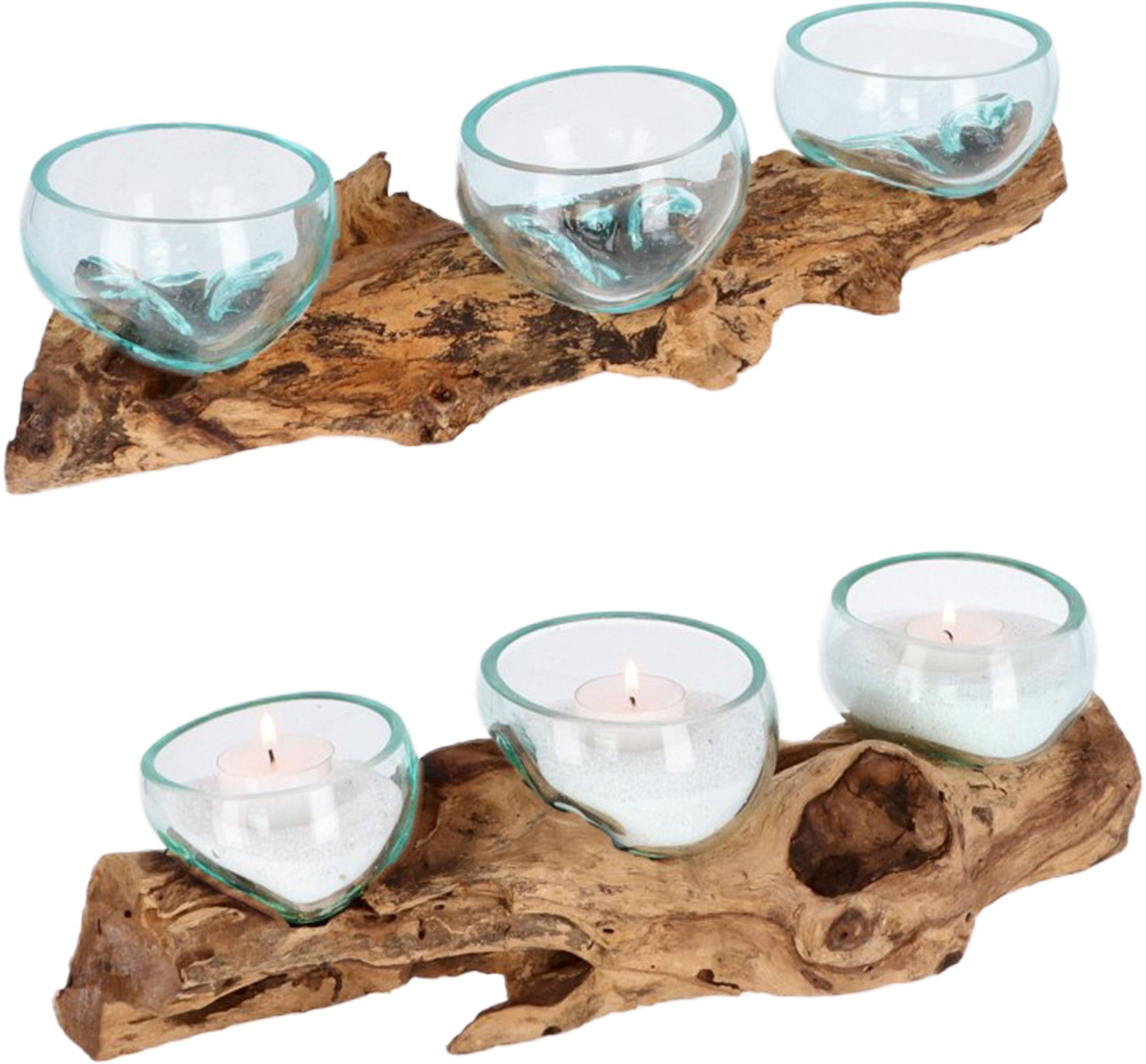 Teelichthalter aus Glas auf Wurzelholz – Handgefertigtes Unikat mit 3 Gläsern – Naturdeko & Tischlicht