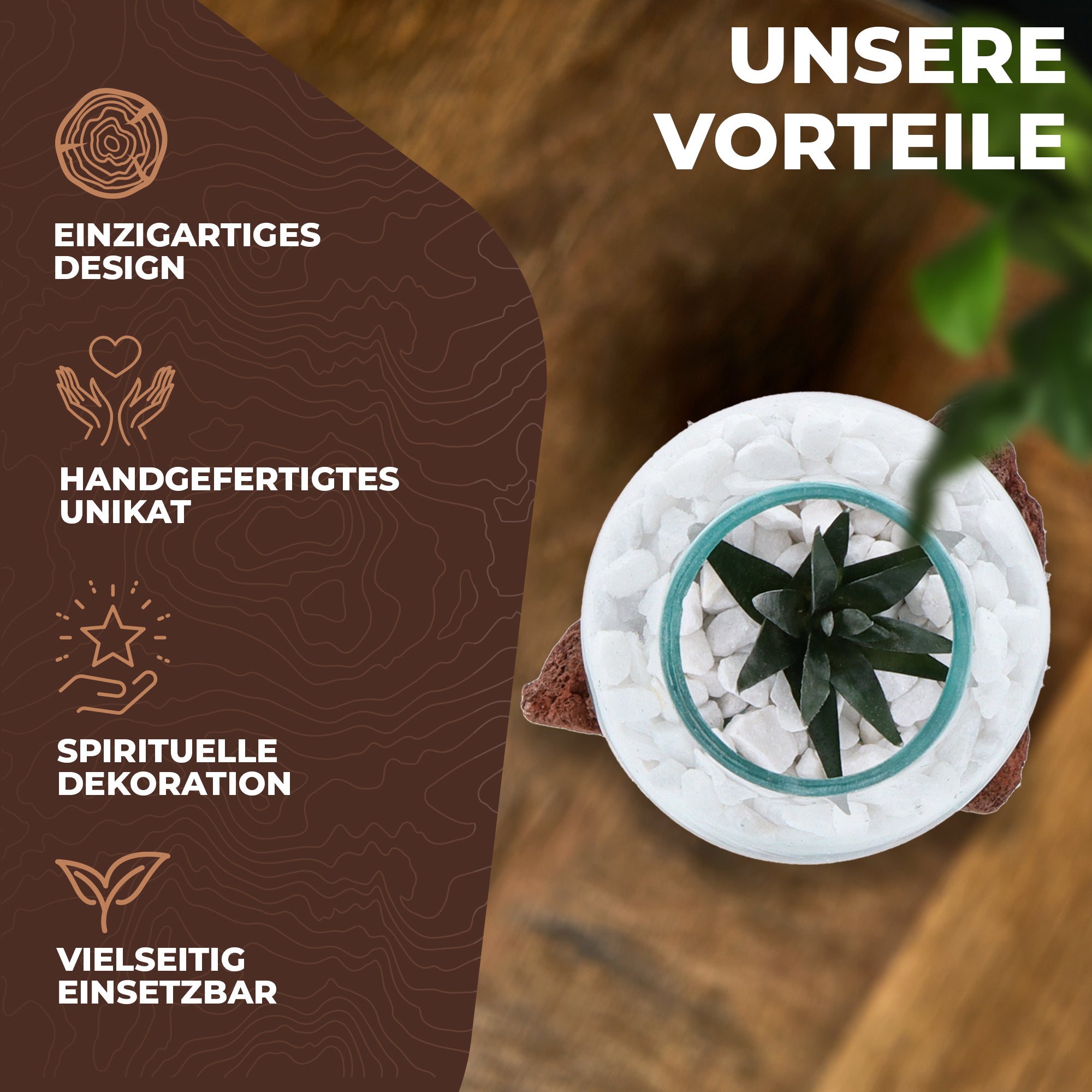 Handgefertigte Dekoschale aus mundgeblasenem Glas auf Lavastein aus Bali. Nachhaltiges Design, vielseitig einsetzbar als Schale, Kerzenhalter oder Pflanzgefäß.