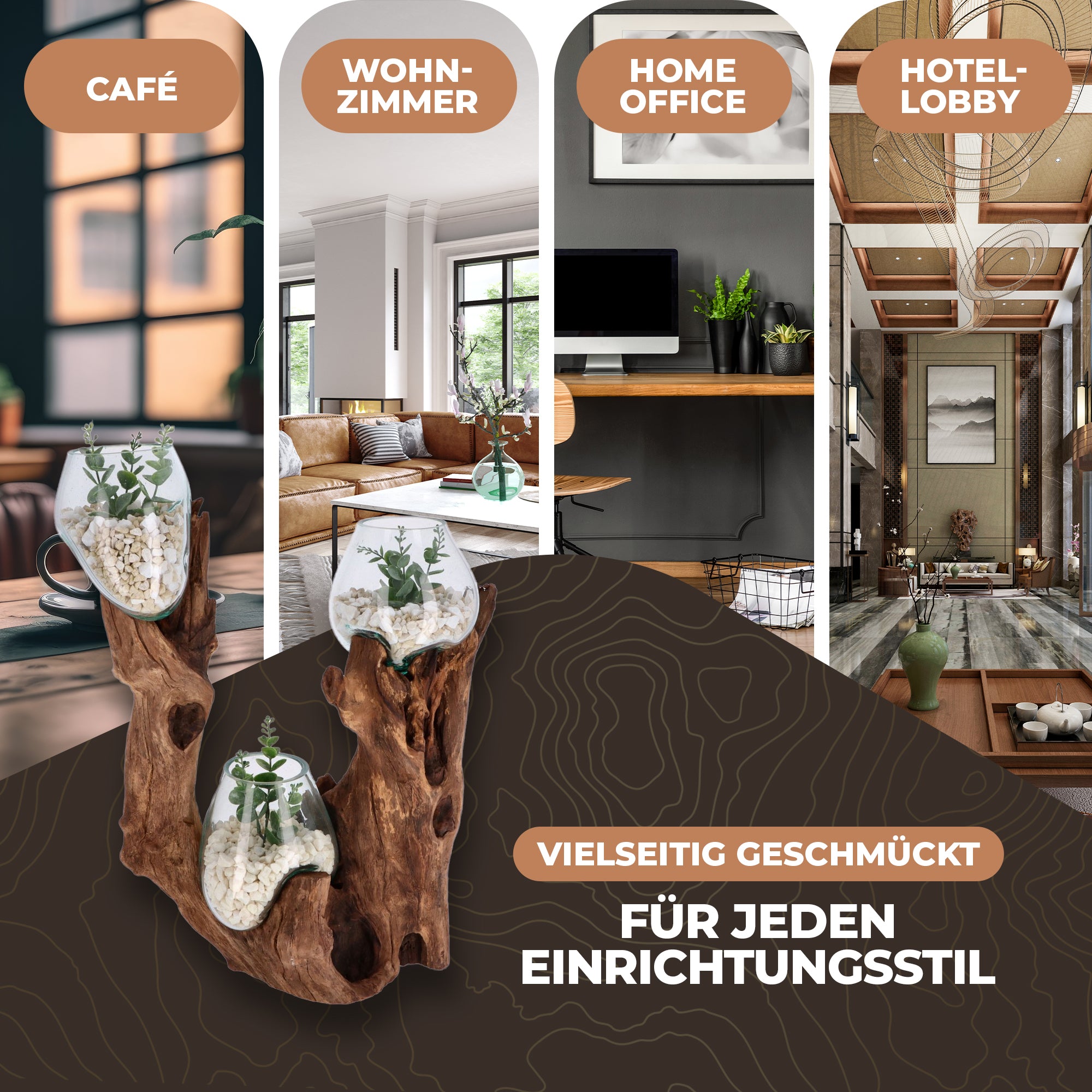 Große Glas-Dekoschale auf Wurzelholz – Handgefertigtes Unikat mit 3 Glaskugeln – Naturdeko aus recyceltem Glas und Holz