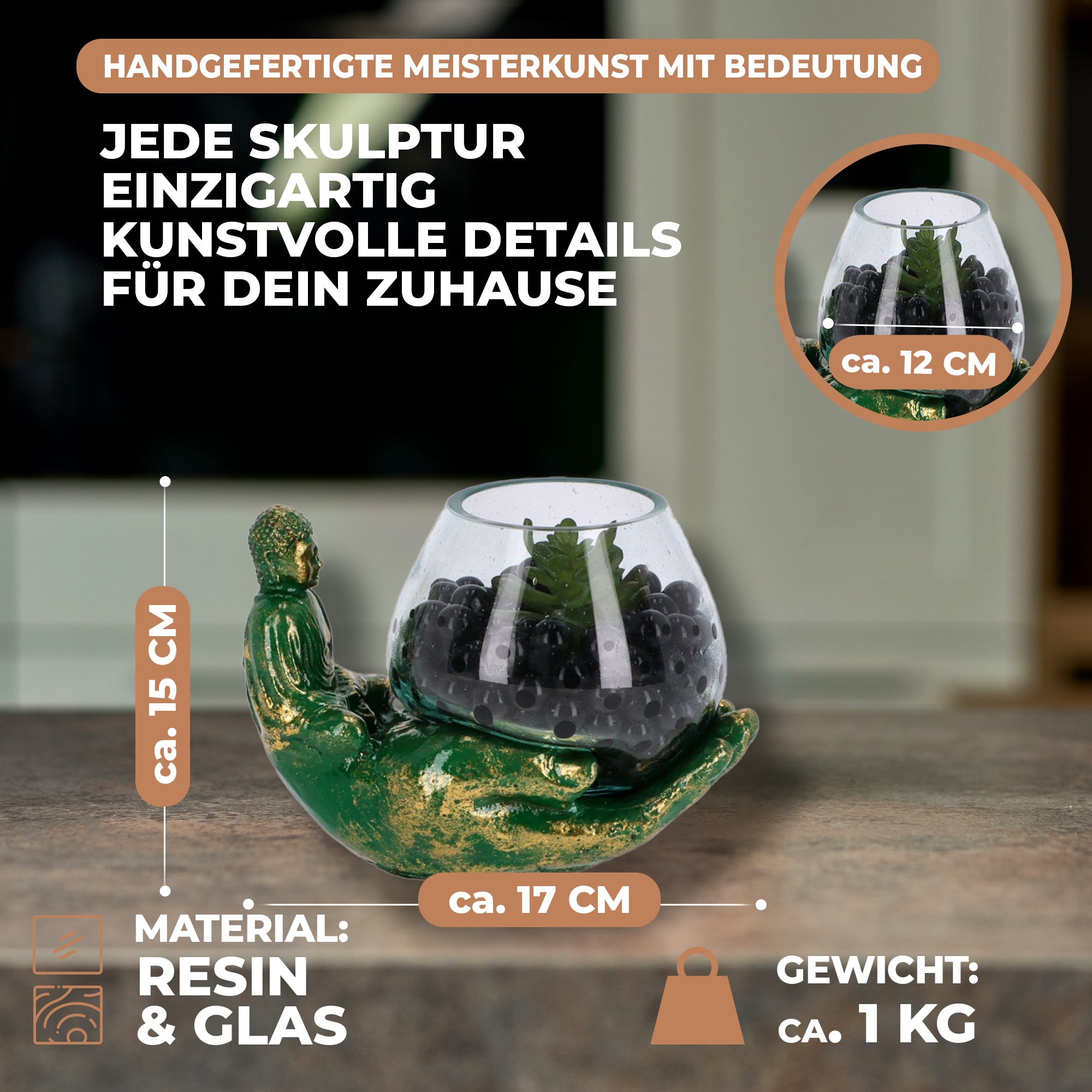 Handgefertigte Buddha-Hand mit mundgeblasenem Glas – Teelichthalter & Deko-Schale