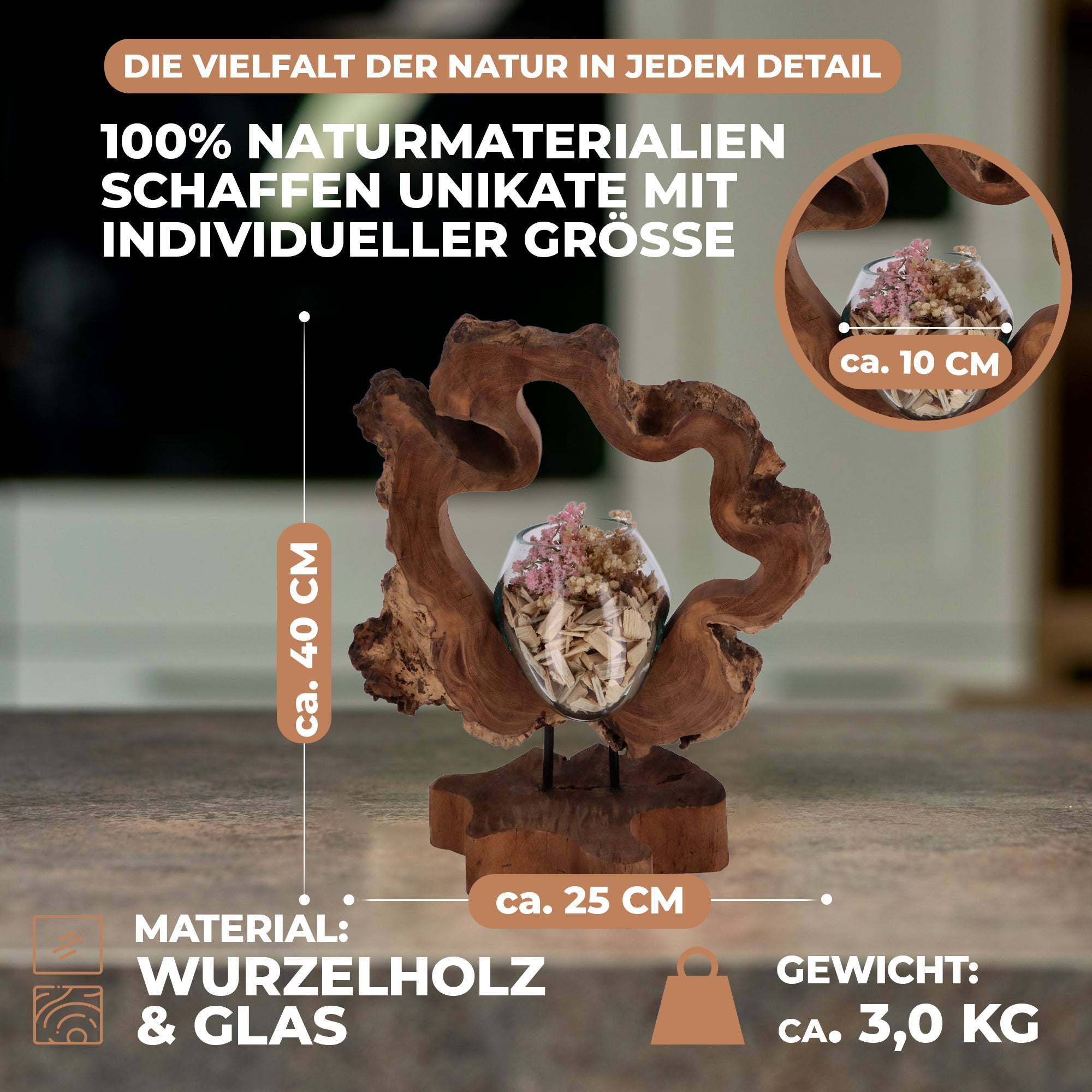 Handgefertigte Holzskulptur mit Glas – Nachhaltige Deko aus Wurzelholz | Modernes Wohnaccessoire