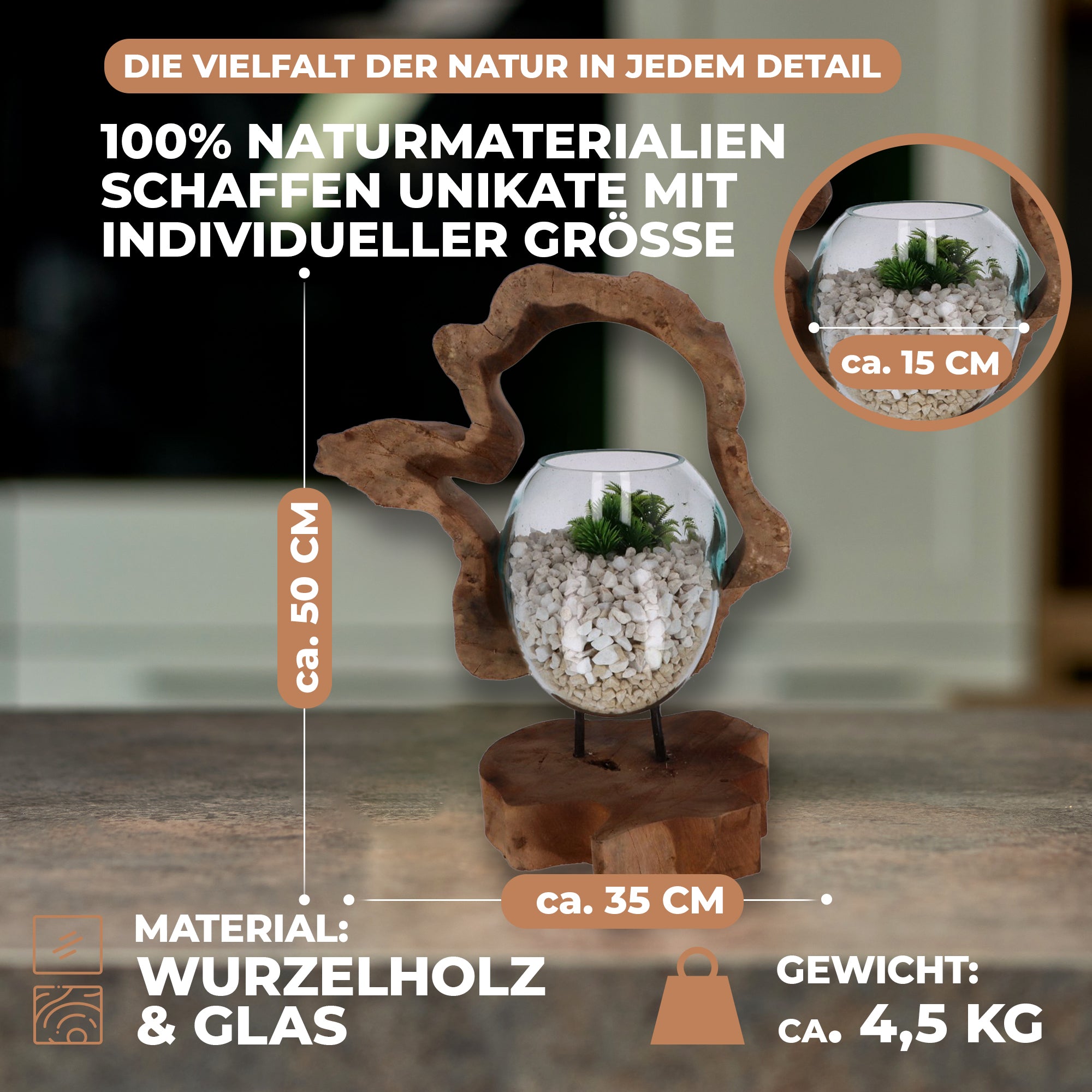 Handgefertigte Holzskulptur mit Glas – Nachhaltige Deko aus Wurzelholz | Modernes Wohnaccessoire (Kopie)
