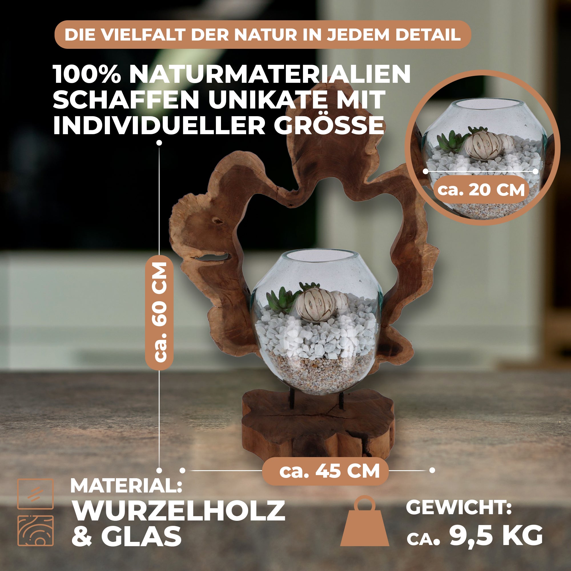 Handgefertigte Wurzelholz-Skulptur mit Glas – Natürliches Unikat als Wohnaccessoire