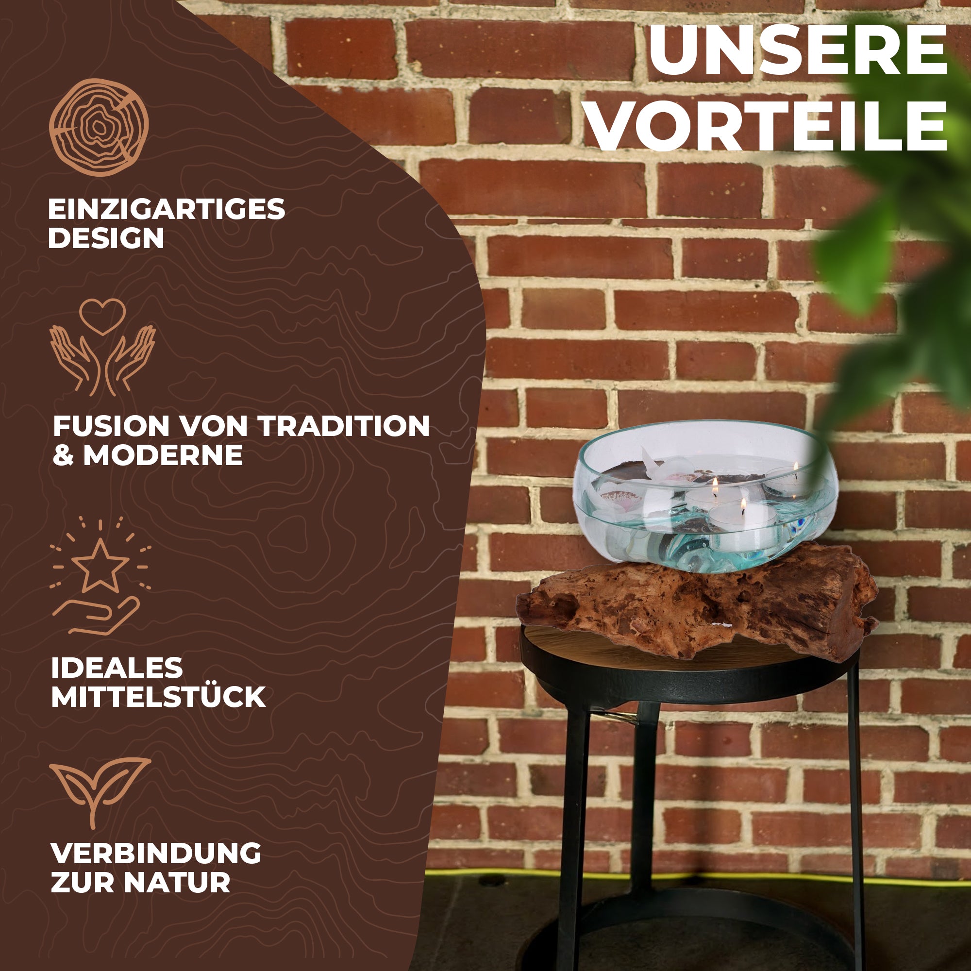 Flache Glas-Dekoschale auf Wurzelholz – Handgefertigtes Unikat aus recyceltem Glas und Naturmaterialien