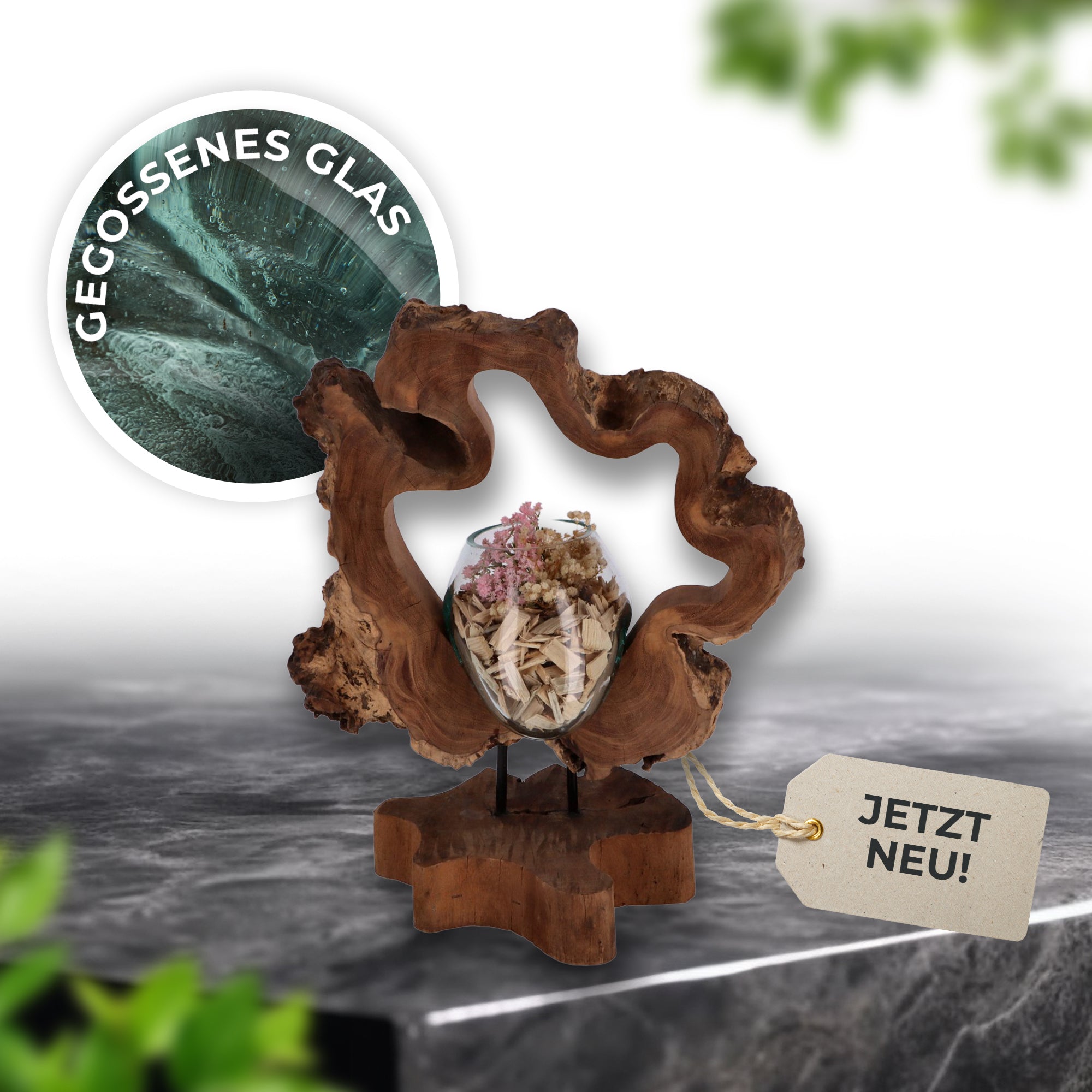 Handgefertigte Holzskulptur mit Glas – Nachhaltige Deko aus Wurzelholz | Modernes Wohnaccessoire