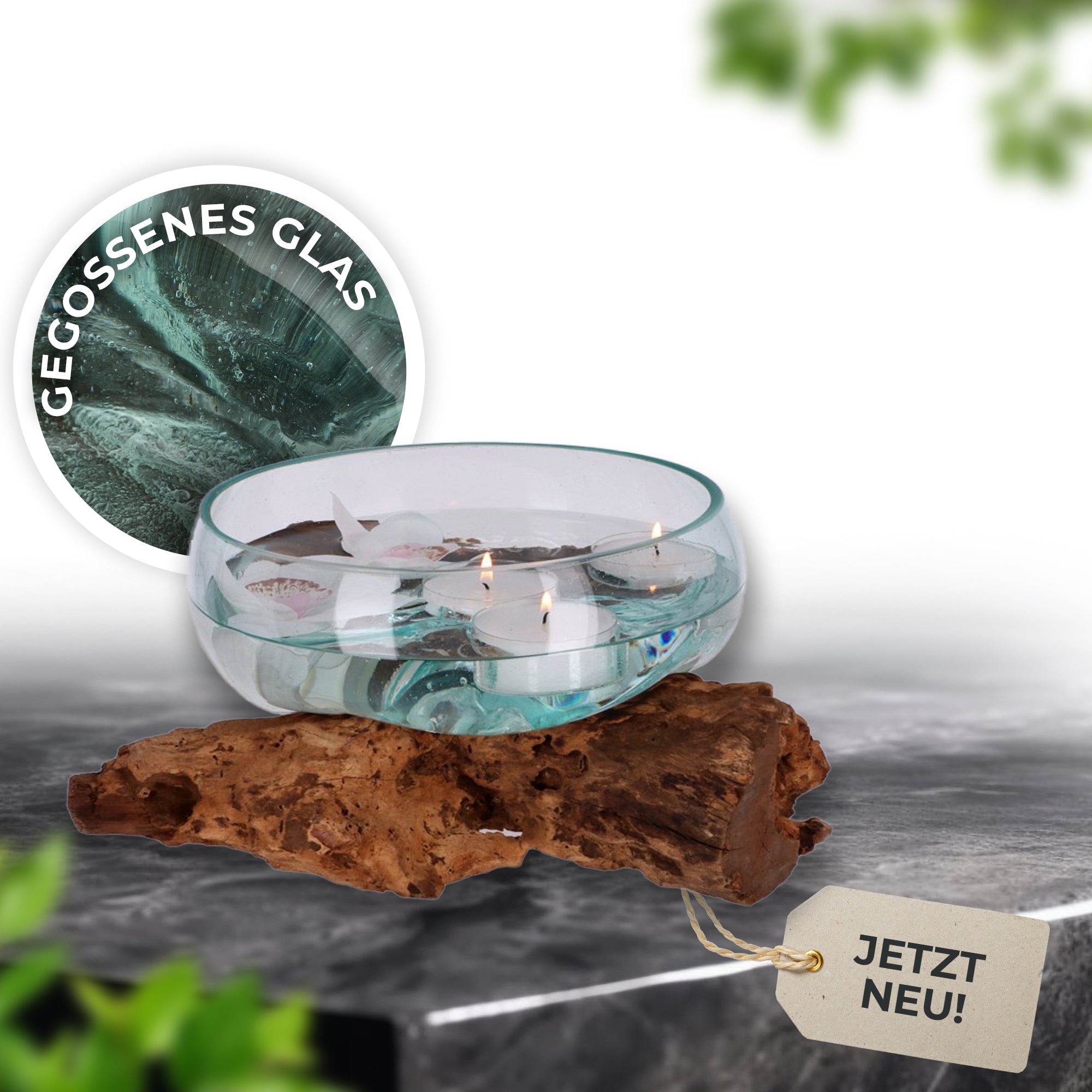 Flache Glas-Dekoschale auf Wurzelholz – Handgefertigtes Unikat aus recyceltem Glas und Naturmaterialien