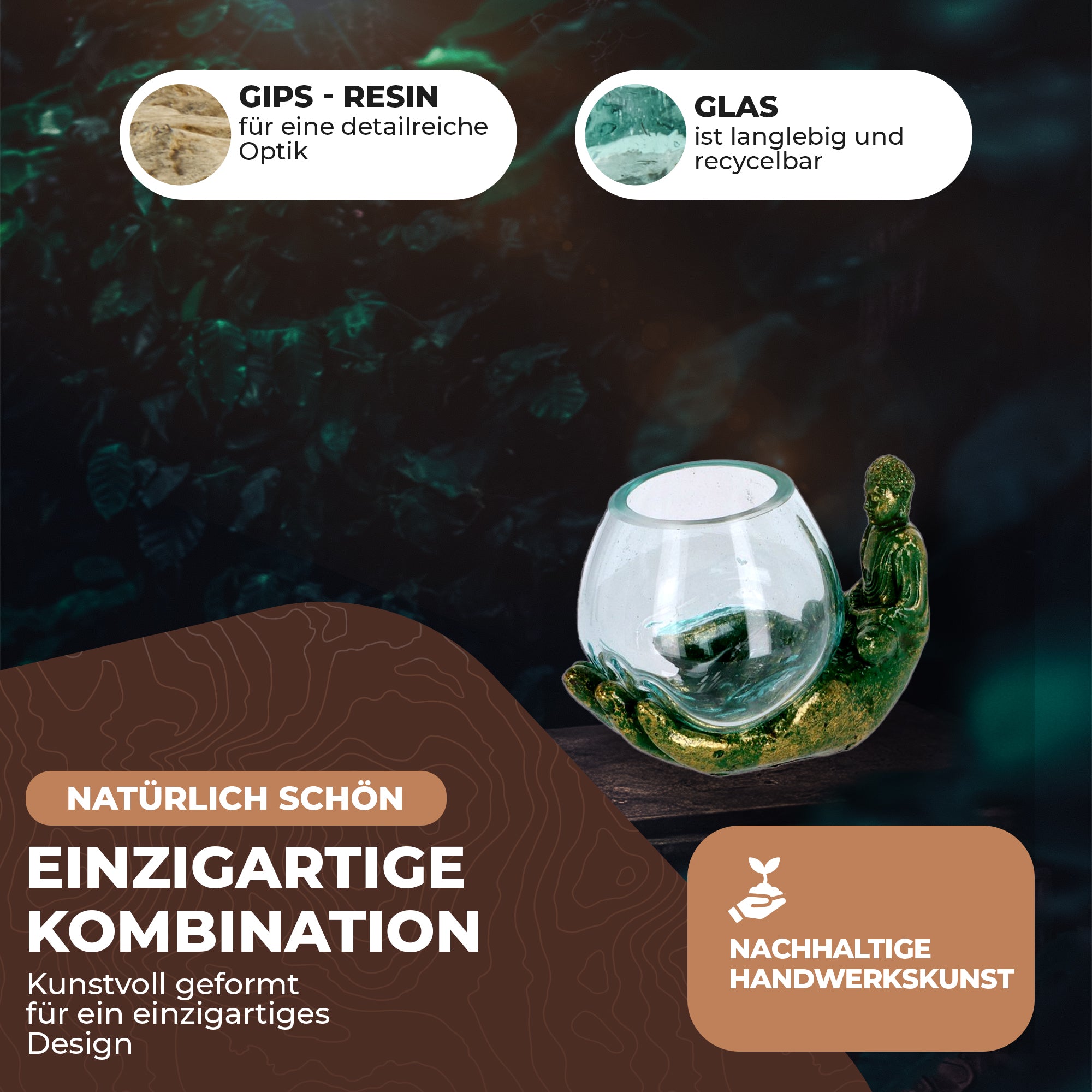 Handgefertigte Buddha-Hand mit mundgeblasenem Glas – Teelichthalter & Deko-Schale