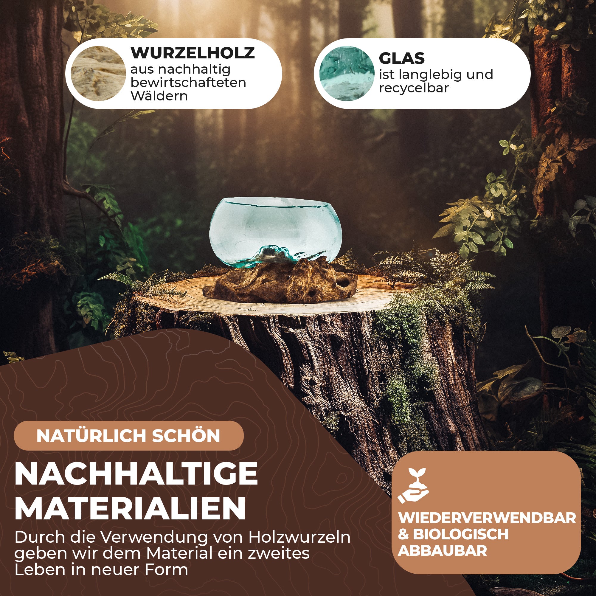 Große Glas-Dekoschale auf Wurzelholz – Handgefertigtes Unikat aus recyceltem Glas und Naturholz