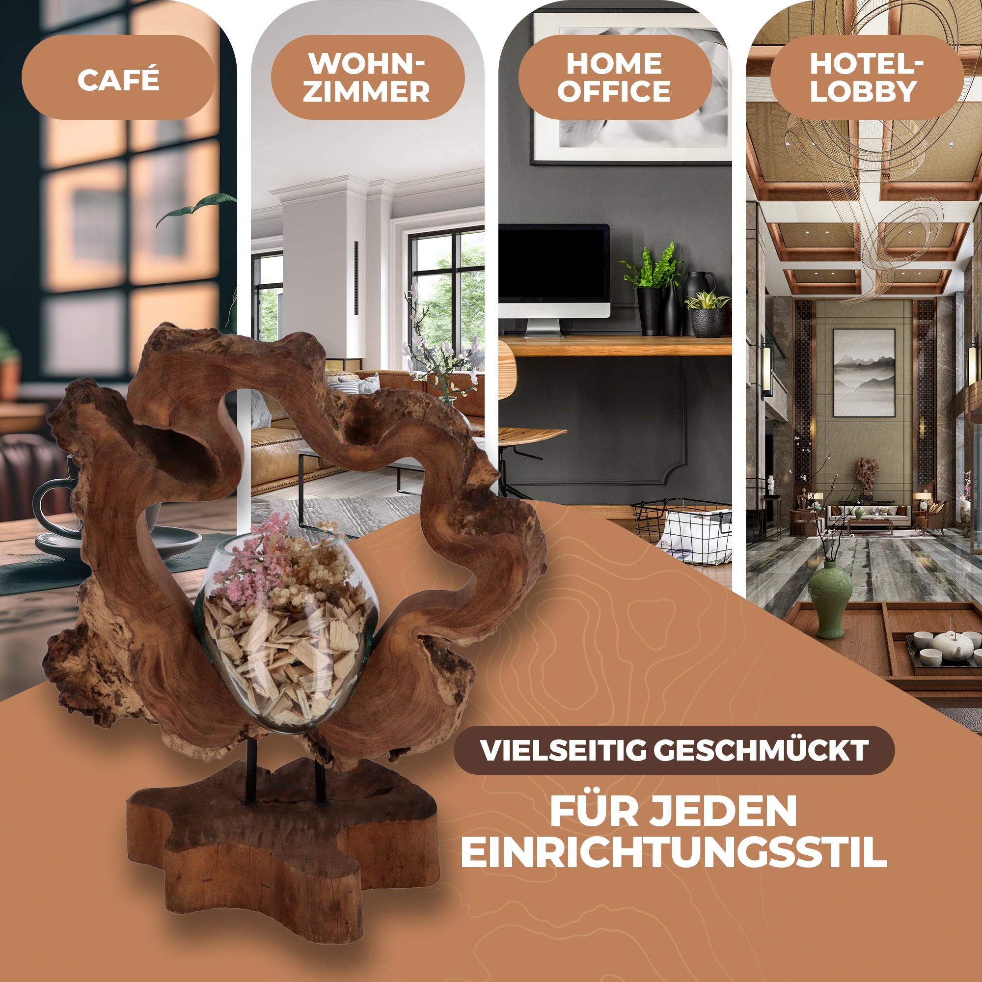 Handgefertigte Holzskulptur mit Glas – Nachhaltige Deko aus Wurzelholz | Modernes Wohnaccessoire
