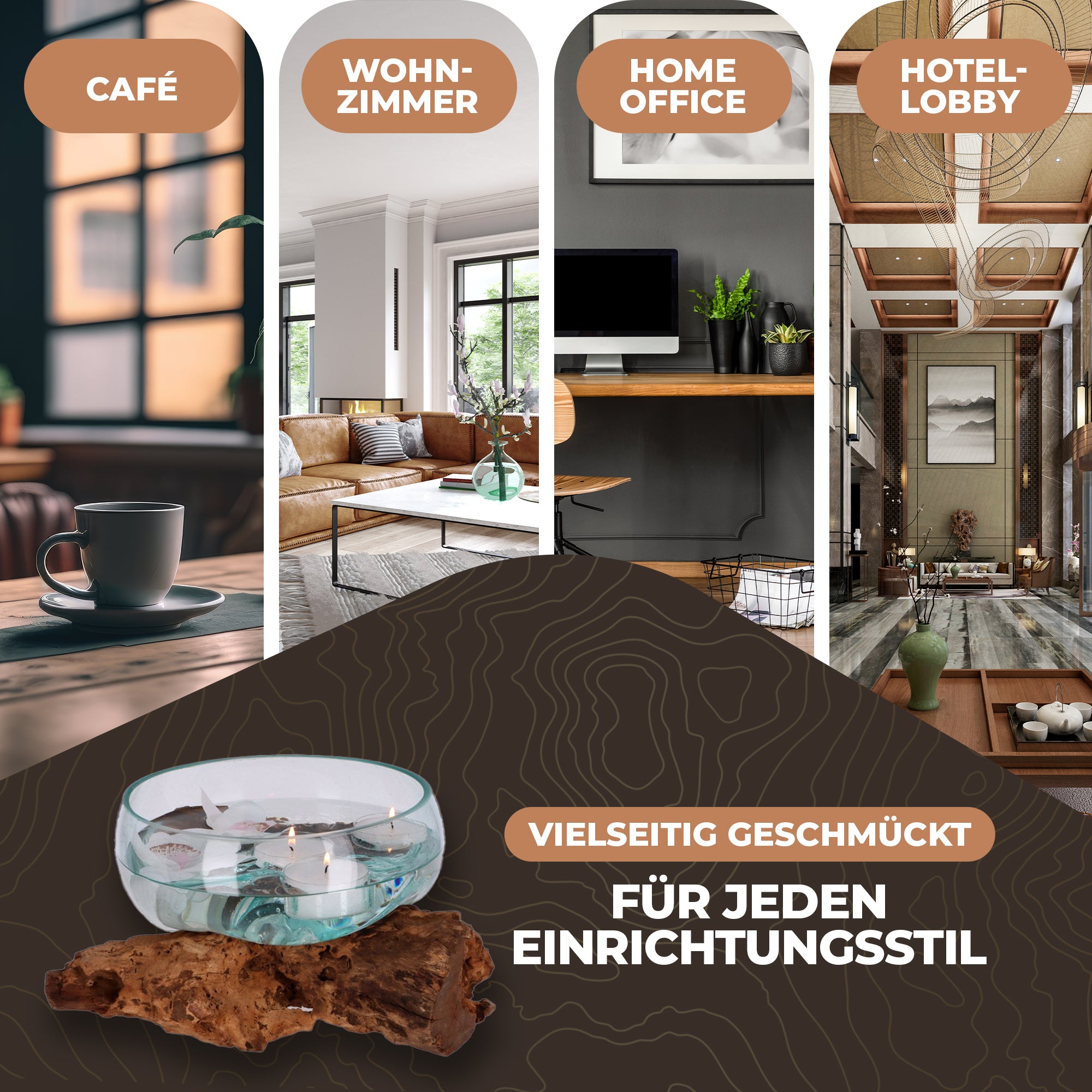 Flache Glas-Dekoschale auf Wurzelholz – Handgefertigtes Unikat aus recyceltem Glas und Naturmaterialien