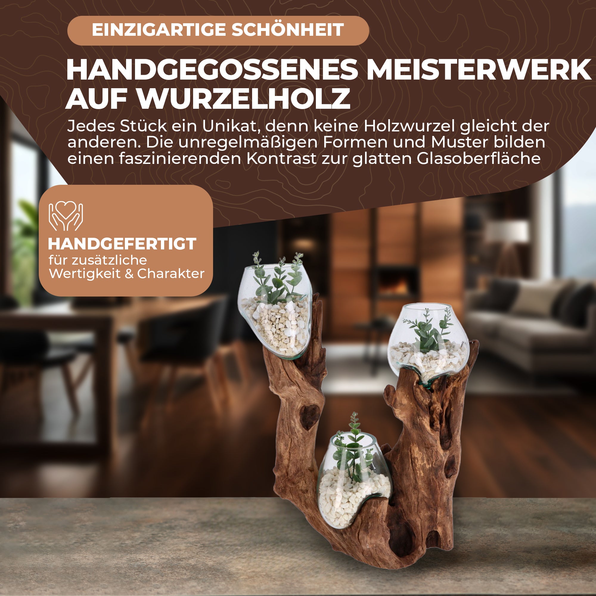 Große Glas-Dekoschale auf Wurzelholz – Handgefertigtes Unikat mit 3 Glaskugeln – Naturdeko aus recyceltem Glas und Holz