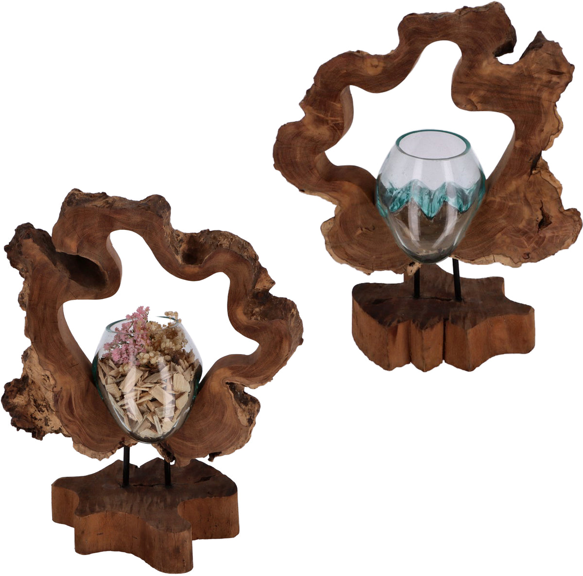 Handgefertigte Holzskulptur mit mundgeblasenem Glas aus Wurzelholz, Frontansicht