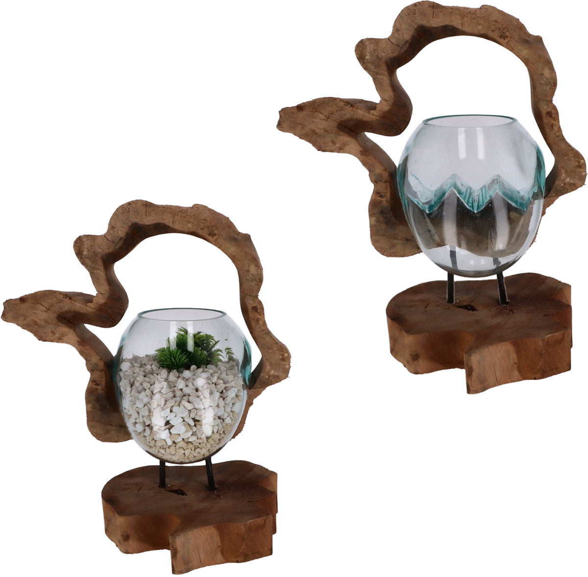 Handgefertigte Holzskulptur mit mundgeblasenem Glas aus Wurzelholz, Frontansicht