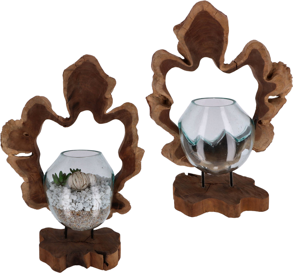 Handgefertigte Wurzelholz-Skulptur mit mundgeblasenem Glas, Frontansicht