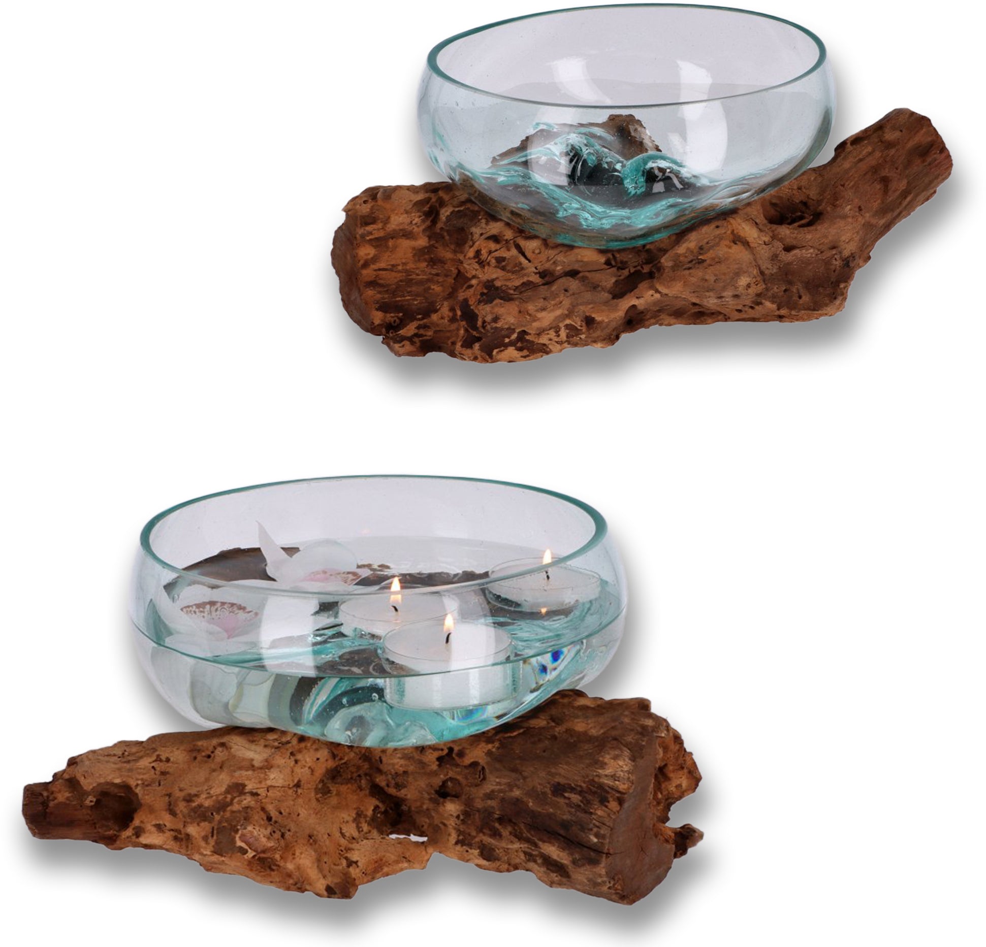 Flache Glas-Dekoschale auf Wurzelholz – Handgefertigtes Unikat aus recyceltem Glas und Naturmaterialien