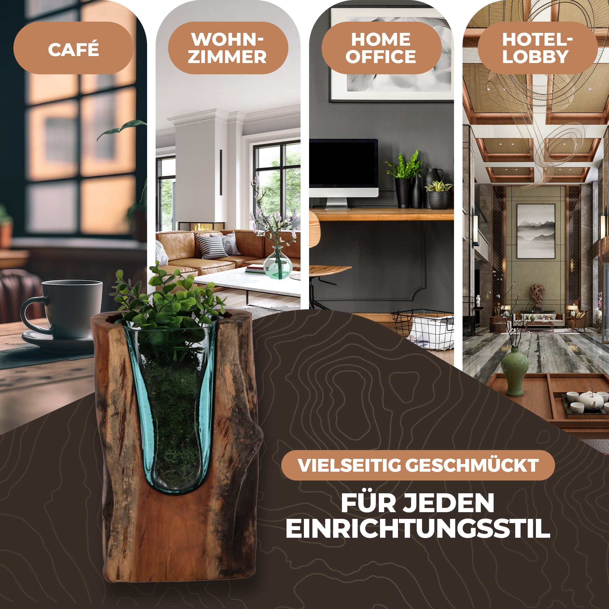 Designer-Vase aus Wurzelholz mit mundgeblasenem Glas – Handgefertigt und Nachhaltig U Vase (30cm)