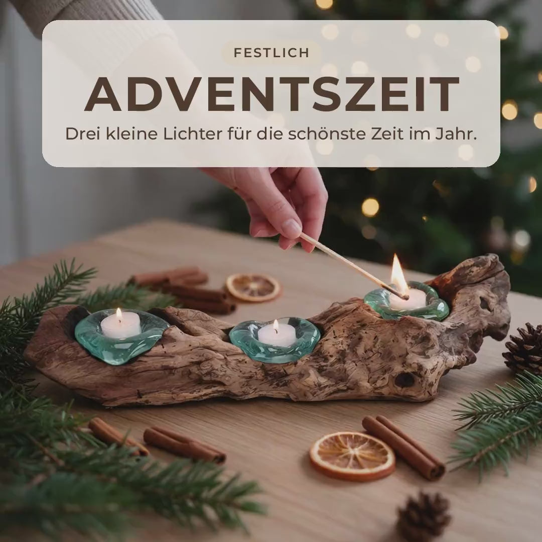 Produktvideo: Teelichthalter aus Wurzelholz mit drei mundgeblasenen Glasmulden – Advent, 360-Grad-Drehung, Festtafel, Schmuckablage, sechs echte Einzelstücke, Herbstabend