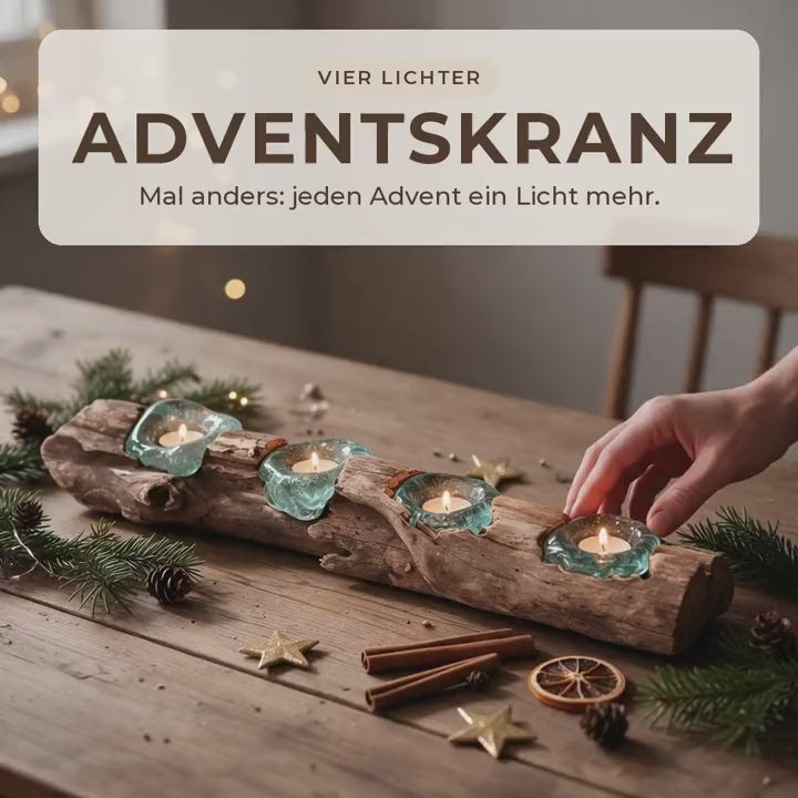 Teelichthalter Holz mit Glas: Video mit Adventskranz, Handarbeit und vier türkisen Glasmulden