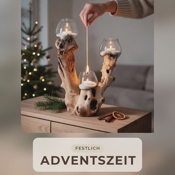 Produktvideo: Wurzelholz-Windlicht mit drei Gläsern in sechs Wohnszenen – Teelichter, Herbst, Advent, Mini-Terrarium und herausnehmbare Gläser