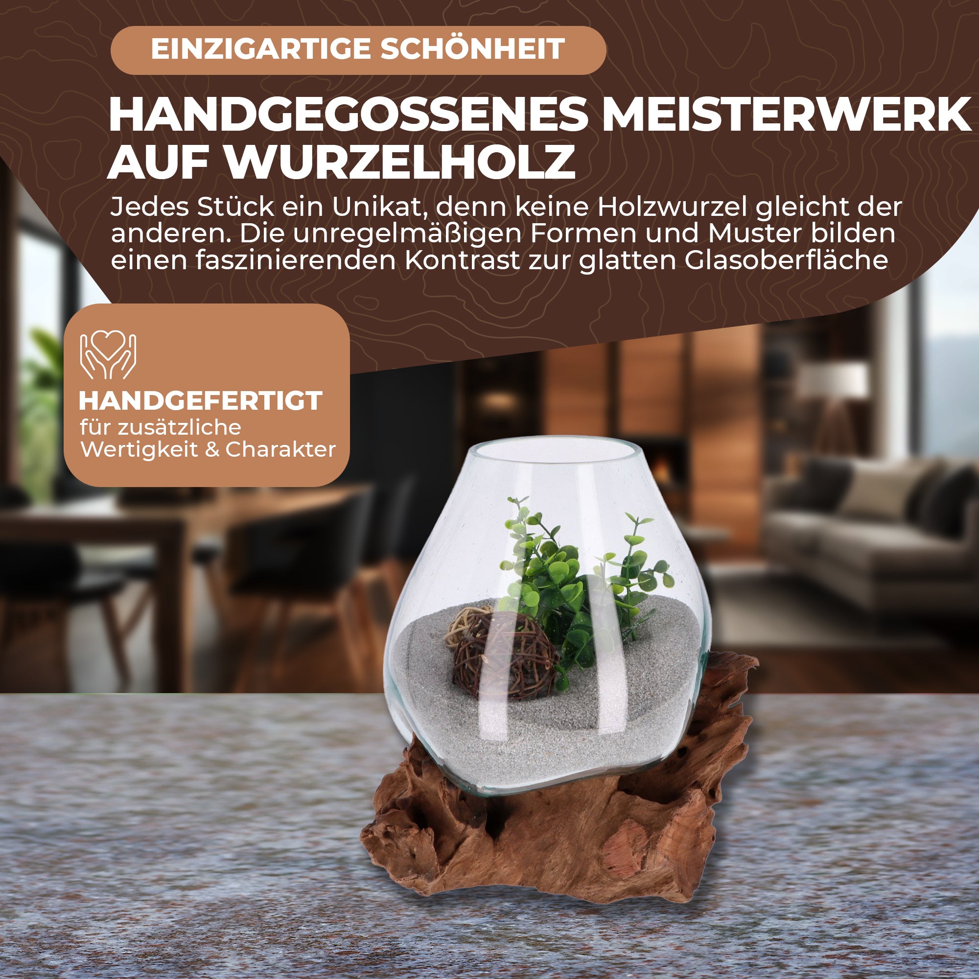 Große Dekoschale aus Glas auf Wurzelholz – Handgefertigtes Unikat