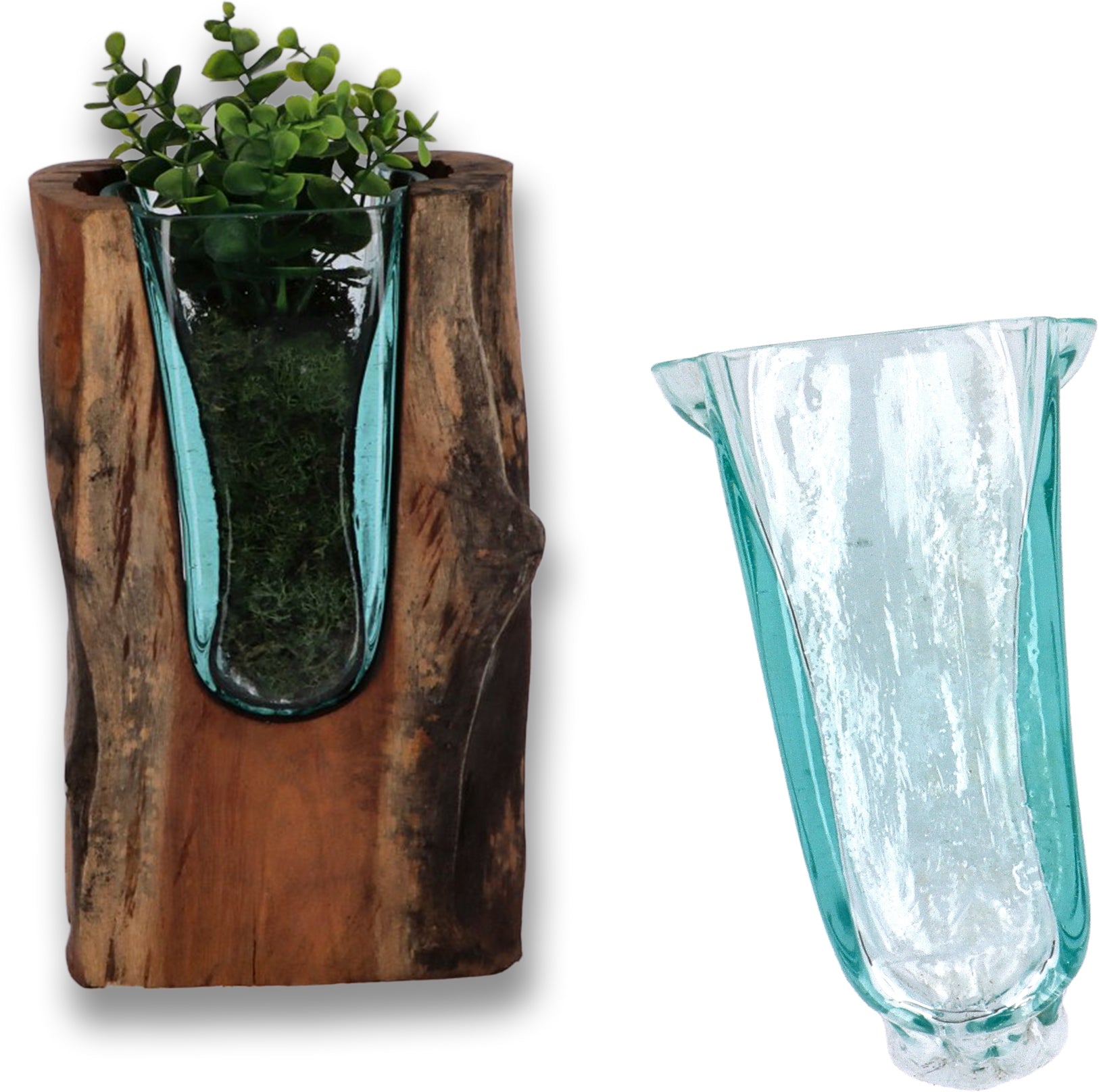 Designer-Vase aus Wurzelholz mit mundgeblasenem Glas – Handgefertigt und Nachhaltig U Vase (30cm)