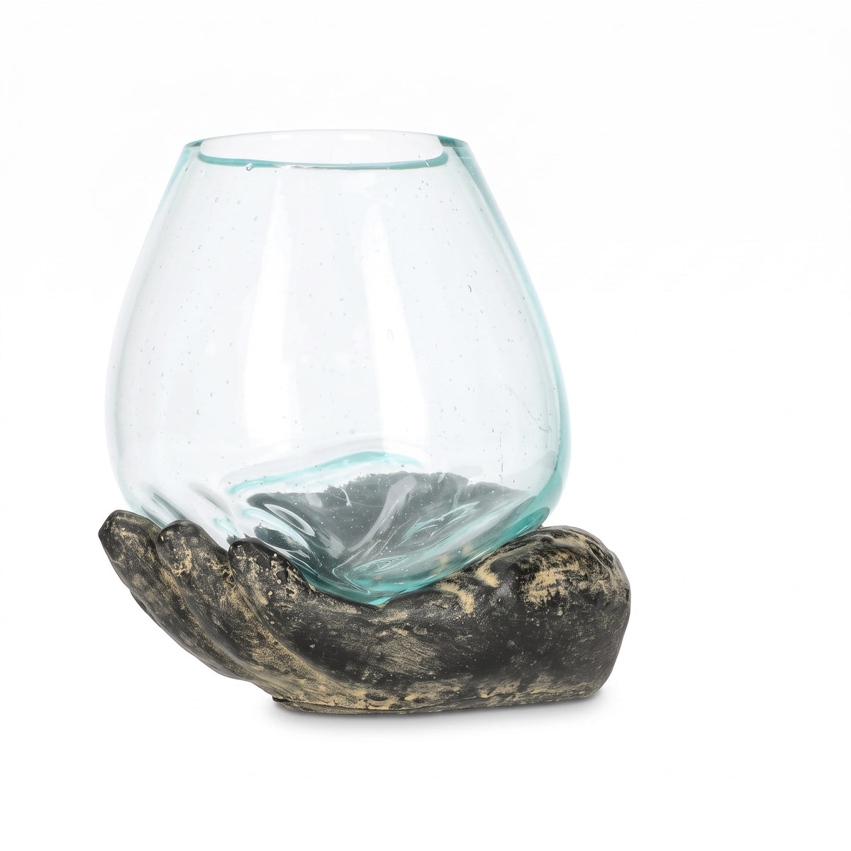 Hand-Skulptur Grau-Sand mit leerem mundgeblasenem Glas, freigestellt