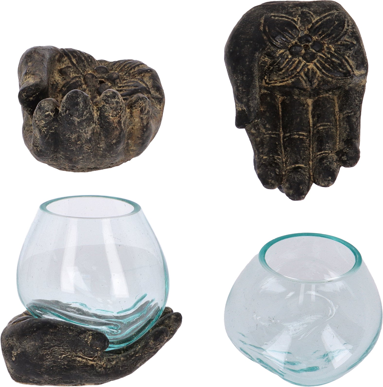 Handgefertigte Resin-Hand mit mundgeblasenem Glas – Spirituelle Deko, Teelichthalter & Meditationsobjekt