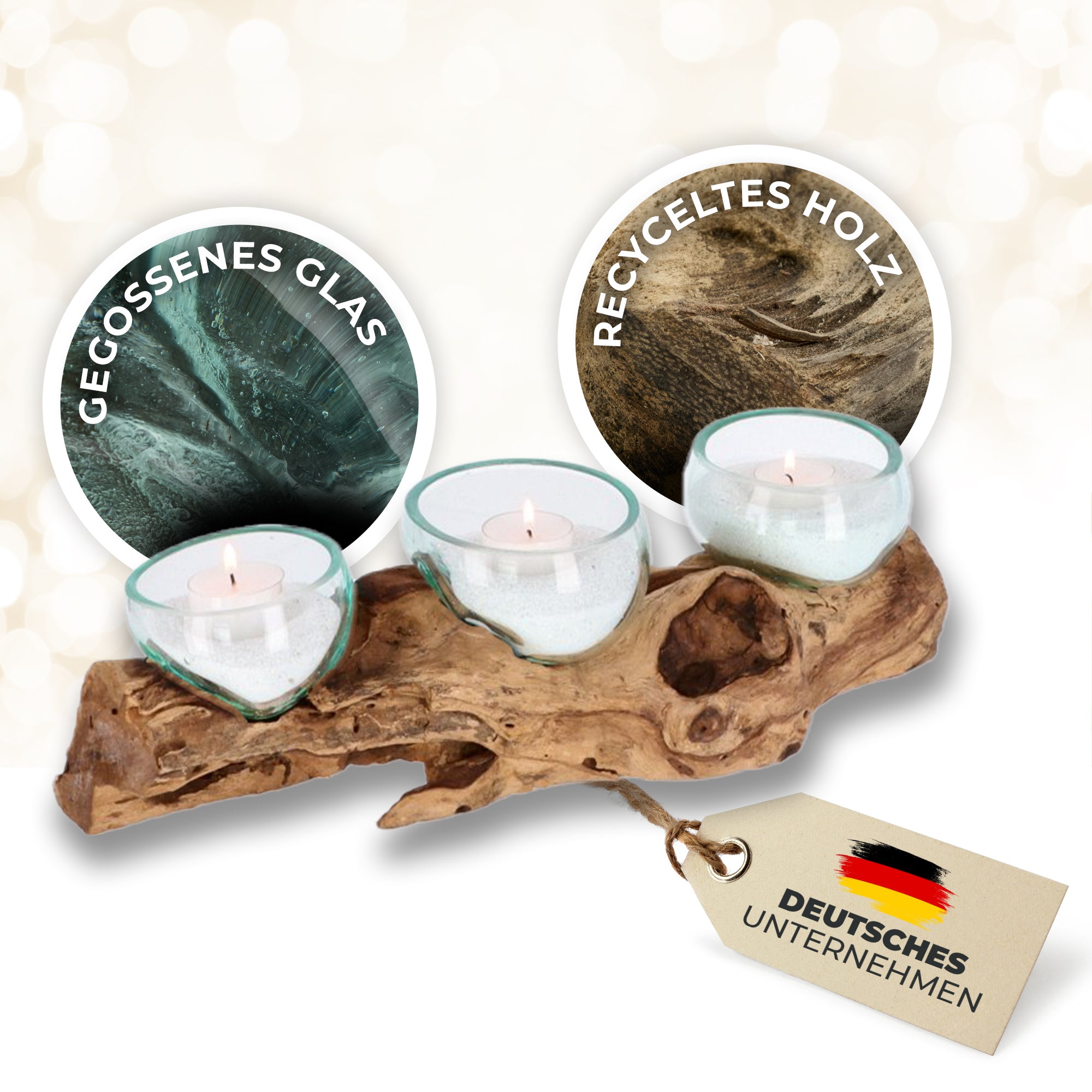 Teelichthalter aus Glas auf Wurzelholz – Handgefertigtes Unikat mit 3 Gläsern – Naturdeko & Tischlicht