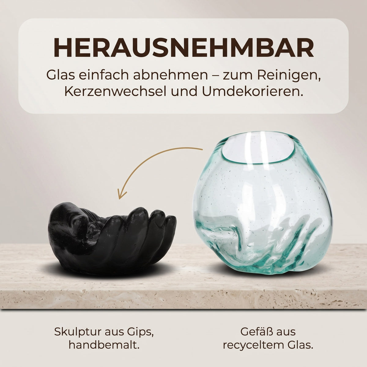 Glas herausnehmbar: schwarze Hand-Skulptur aus Gips und Gefäß aus recyceltem Glas einzeln