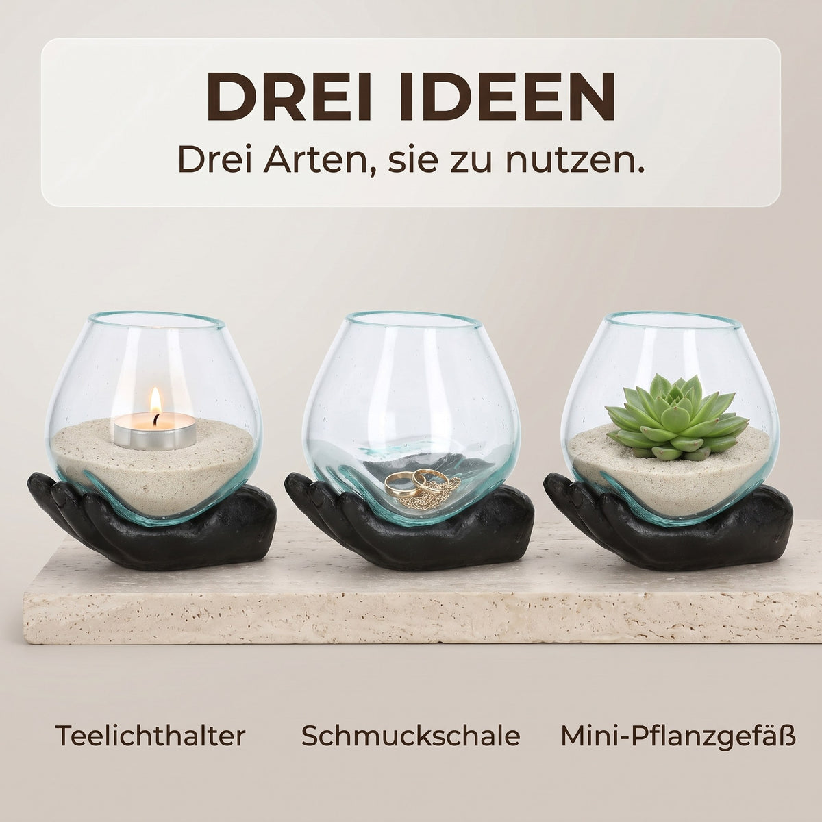 Drei Ideen: Teelichthalter, Schmuckschale oder Mini-Pflanzgefäß, Hand-Skulptur Schwarz