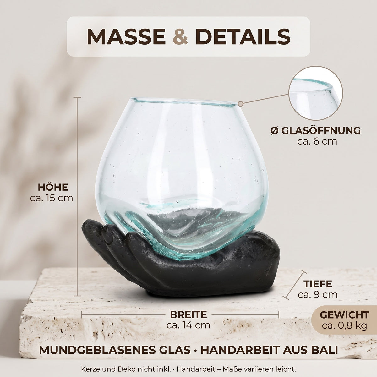 Maße Teelichthalter Schwarz: Höhe ca. 15 cm, Breite ca. 14 cm, Tiefe ca. 9 cm, Glasöffnung ca. 6 cm, ca. 0,8 kg