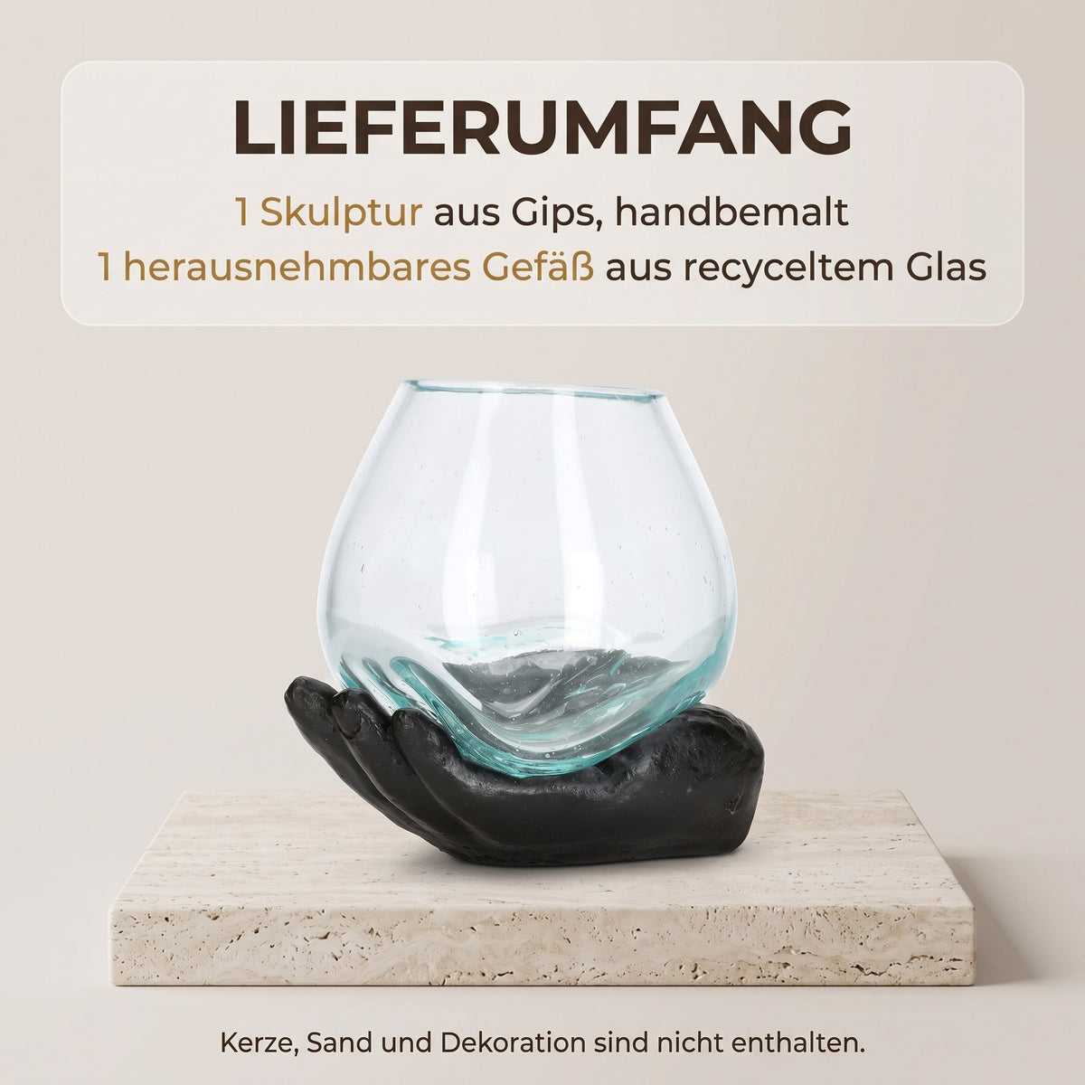 Lieferumfang Teelichthalter Schwarz: eine Skulptur und ein herausnehmbares Glasgefäß, Kerze nicht enthalten