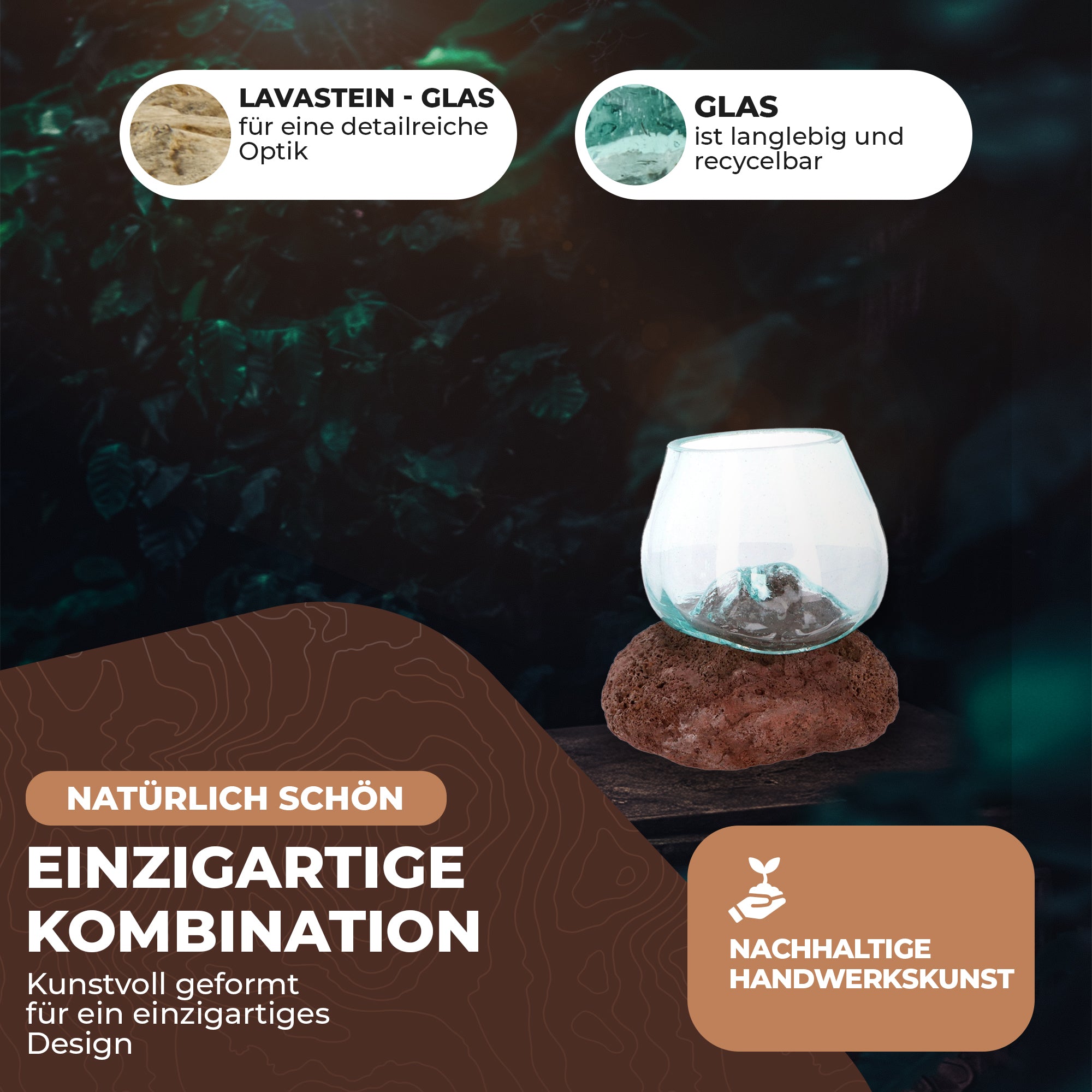 Handgefertigte Dekoschale aus mundgeblasenem Glas auf Lavastein aus Bali. Nachhaltiges Design, vielseitig einsetzbar als Schale, Kerzenhalter oder Pflanzgefäß.