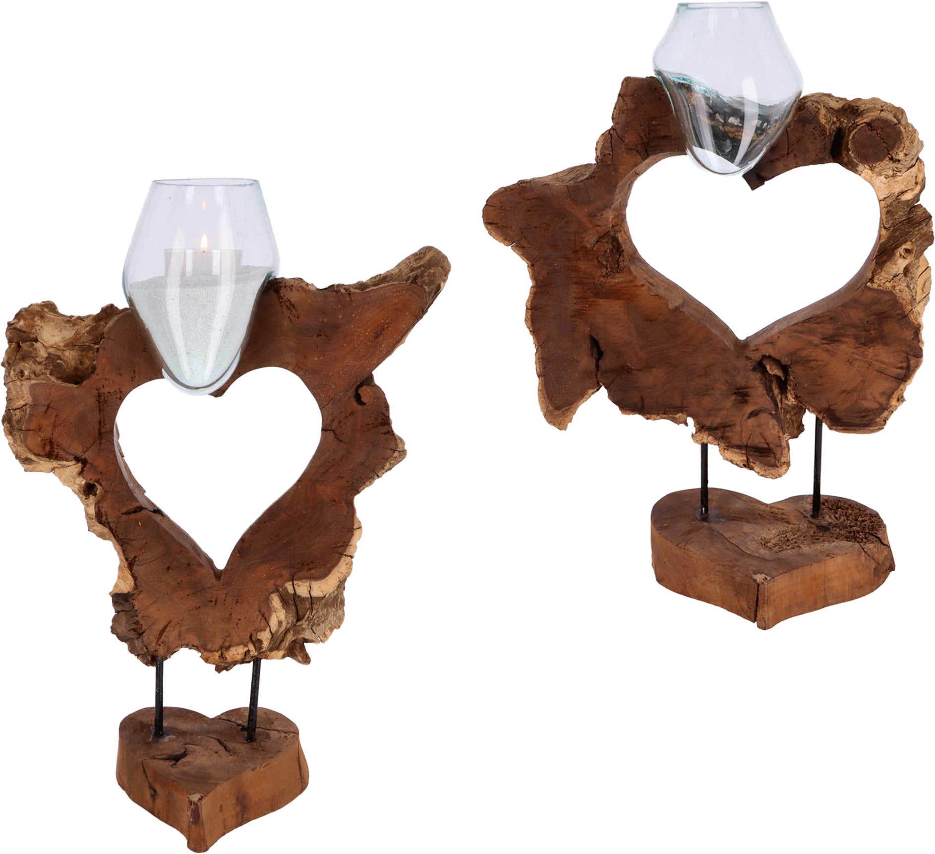 Herzskulptur aus Wurzelholz mit mundgeblasenem Glas – Handgefertigte Naturdeko, Teelichthalter, nachhaltige Boho-Dekoration