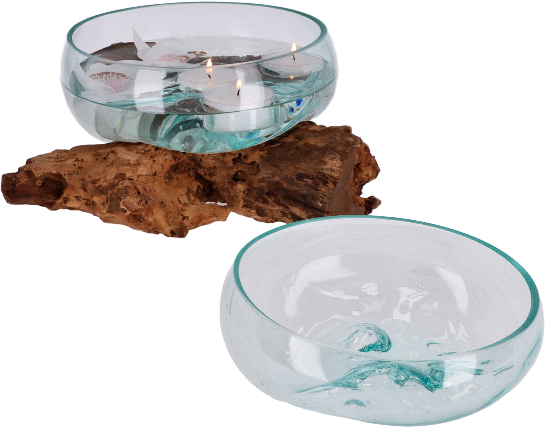 Flache Glas-Dekoschale auf Wurzelholz – Handgefertigtes Unikat aus recyceltem Glas und Naturmaterialien