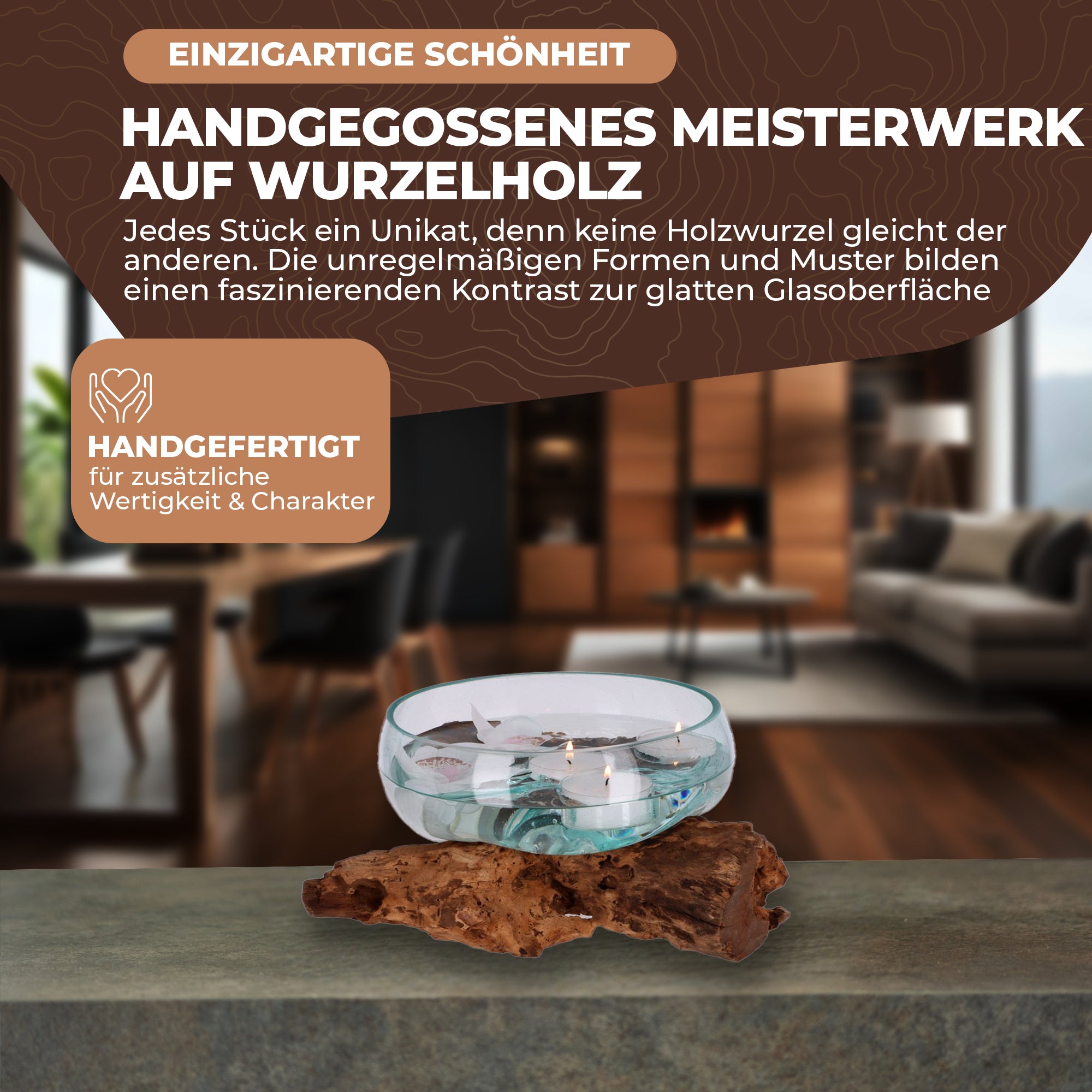Flache Glas-Dekoschale auf Wurzelholz – Handgefertigtes Unikat aus recyceltem Glas und Naturmaterialien