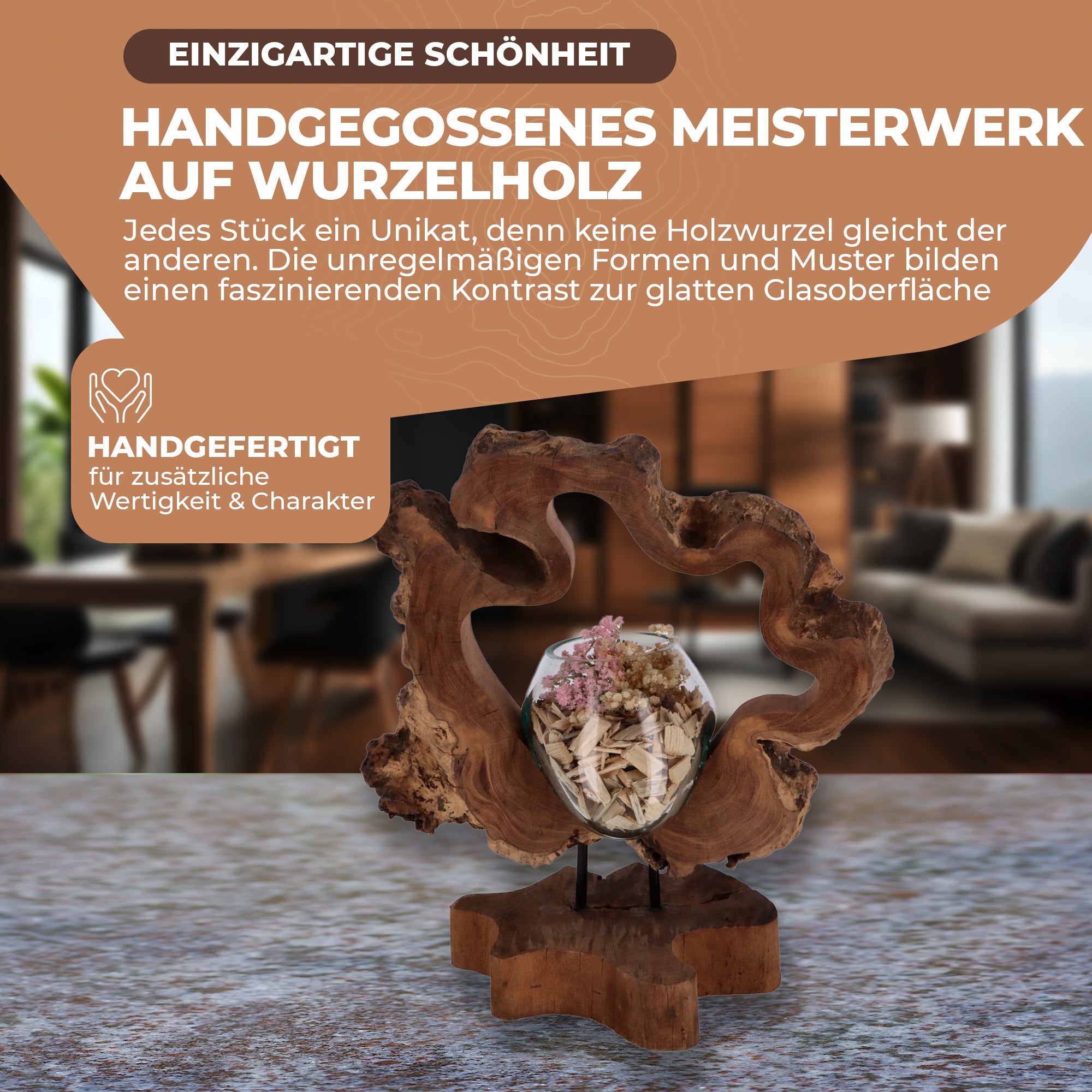 Handgefertigte Holzskulptur mit Glas – Nachhaltige Deko aus Wurzelholz | Modernes Wohnaccessoire