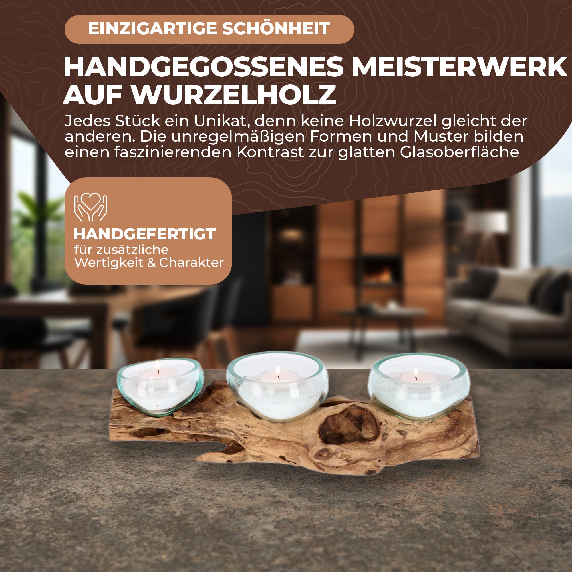 Teelichthalter aus Glas auf Wurzelholz – Handgefertigtes Unikat mit 3 Gläsern – Naturdeko & Tischlicht