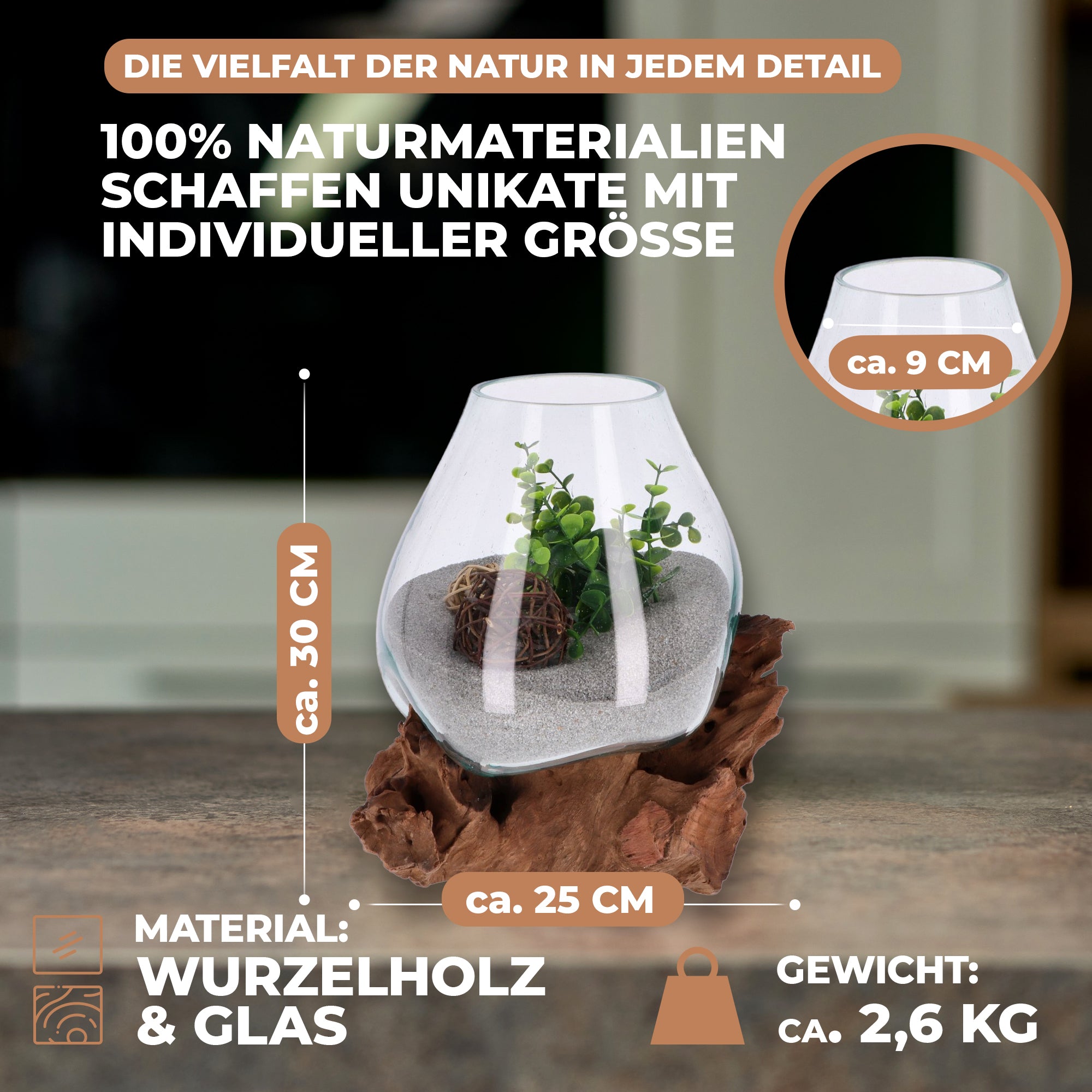 Große Dekoschale aus Glas auf Wurzelholz – Handgefertigtes Unikat