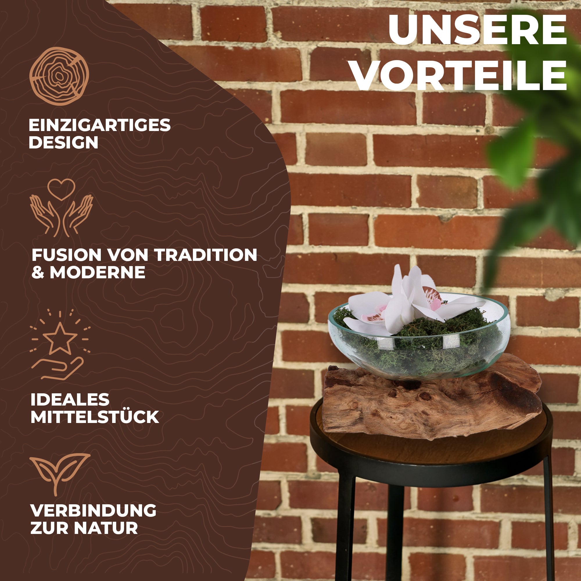 Flache Glas-Dekoschale auf Wurzelholz – Handgemachtes Unikat aus recyceltem Glas und naturbelassenem Holz