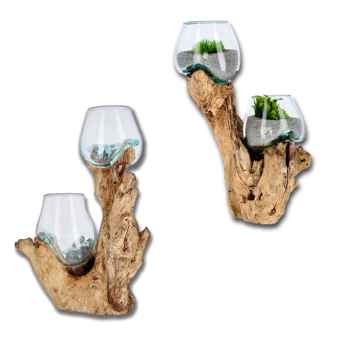 Deko-Vase Glas auf Wurzelholz mit zwei Glaskugeln, aufrechte Skulptur, Frontansicht