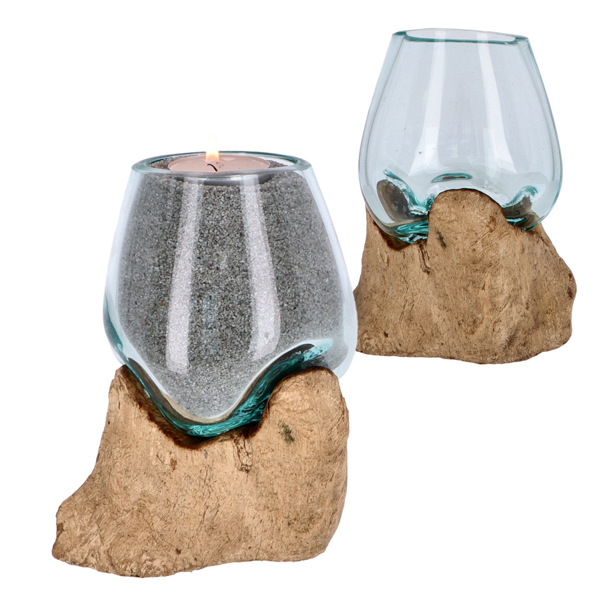 Glas auf Holzwurzel – Handgemachte Dekoschale, Vase oder Teelichthalter